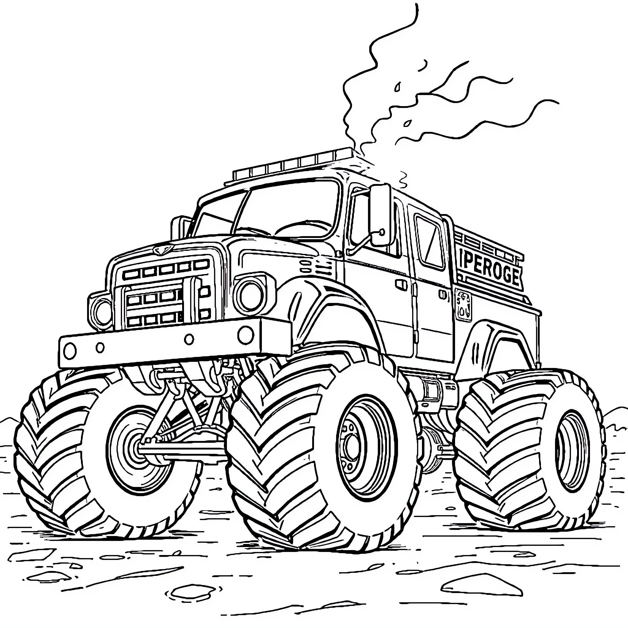 Firefighter Monster Truck Charges Through Rugged Terrain Coloring Page (free black-and-white line drawing printable PDF for all, from beginners to advanced learners, including children, teens, adults, and seniors)