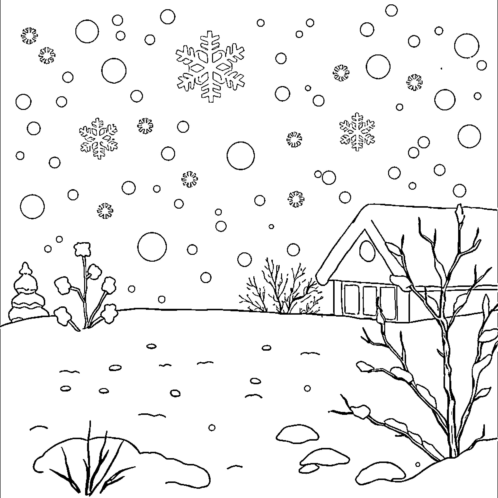 Winter Wonderland Scene with Snowflakes Coloring Page (free black-and-white line drawing printable PDF for all, from beginners to advanced learners, including children, teens, adults, and seniors)