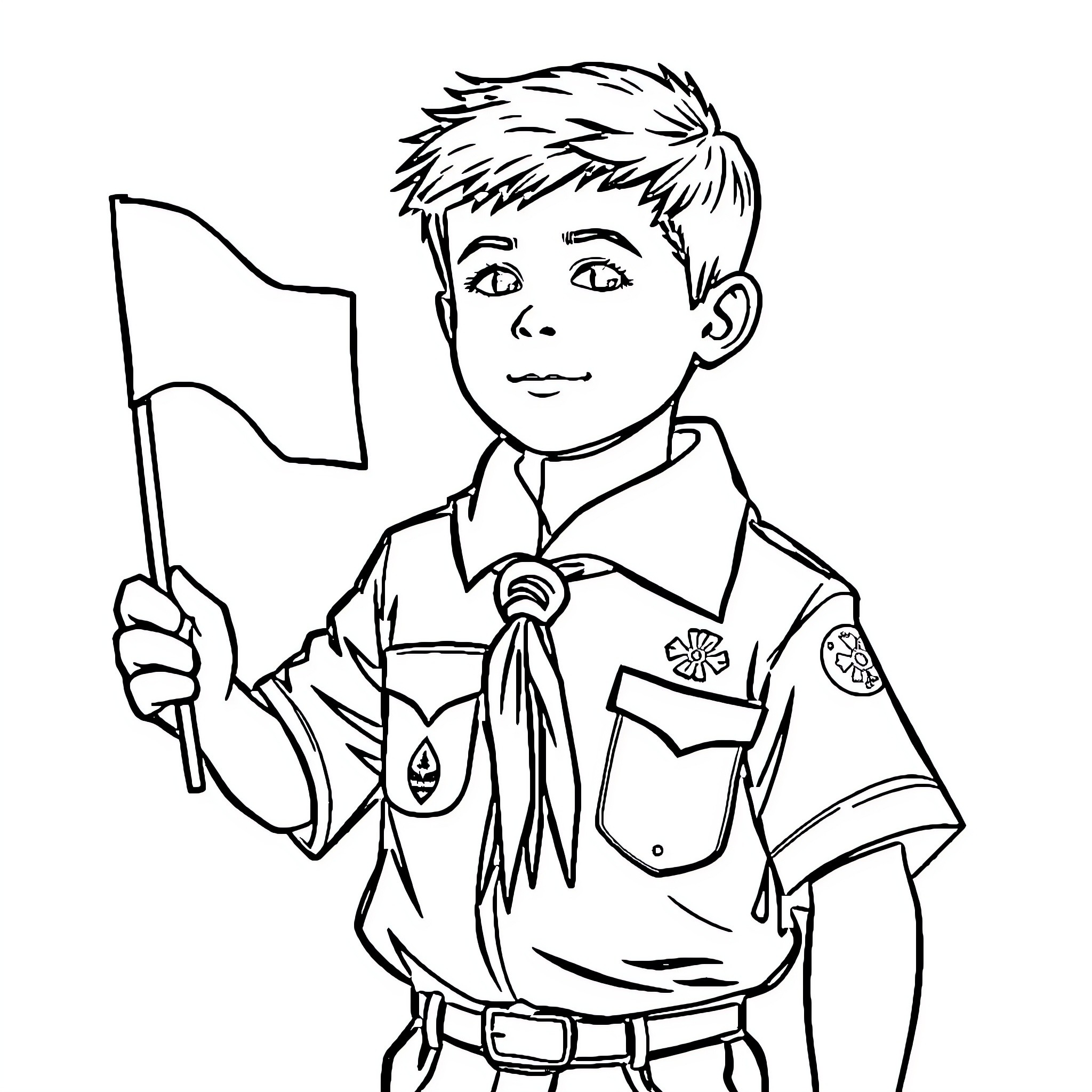 Cub Scout proudly holding a flag Coloring Page (free black-and-white line drawing printable PDF for all, from beginners to advanced learners, including children, teens, adults, and seniors)