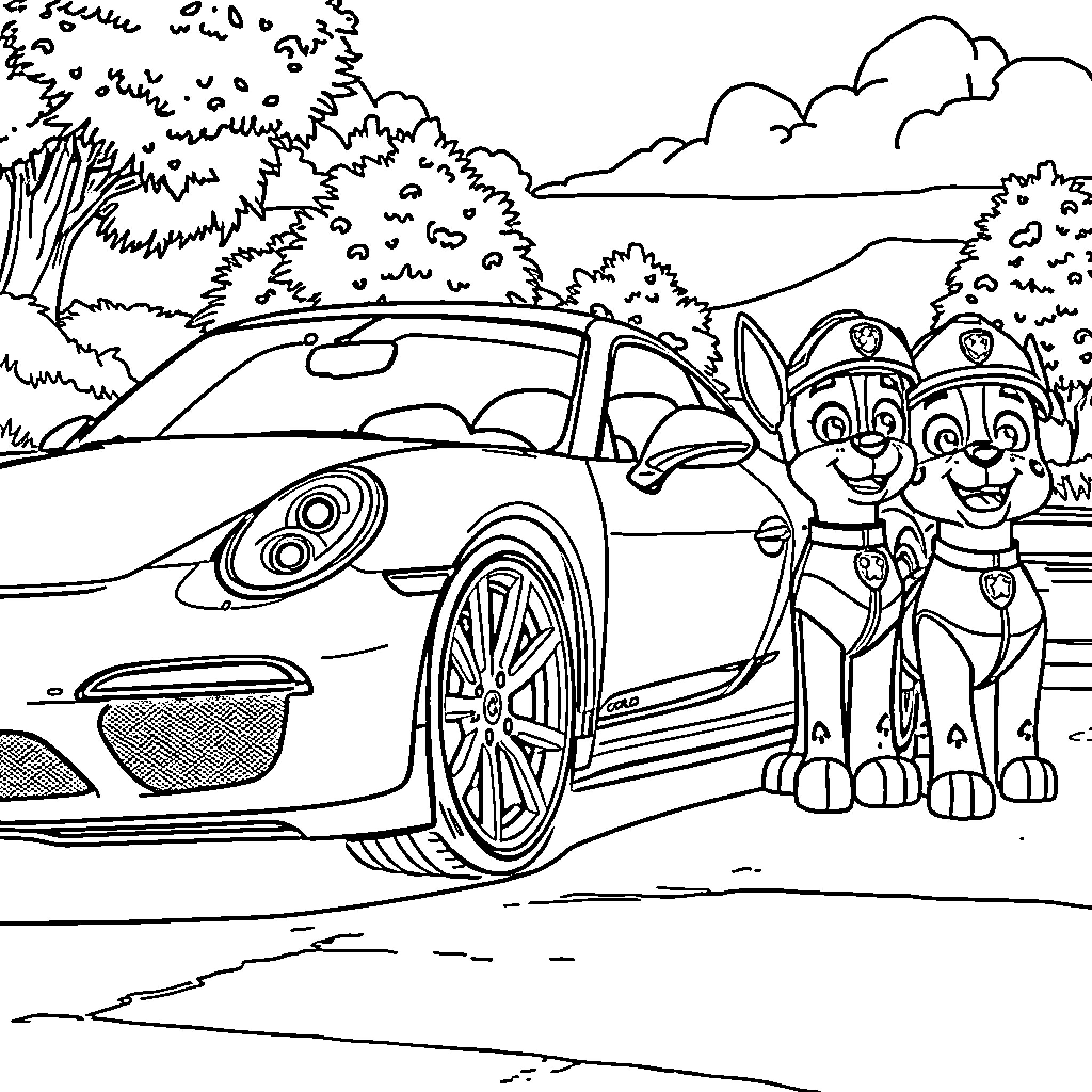 Porsche with Cartoon Dogs on the Road Coloring Page (free black-and-white line drawing printable PDF for all, from beginners to advanced learners, including children, teens, adults, and seniors)