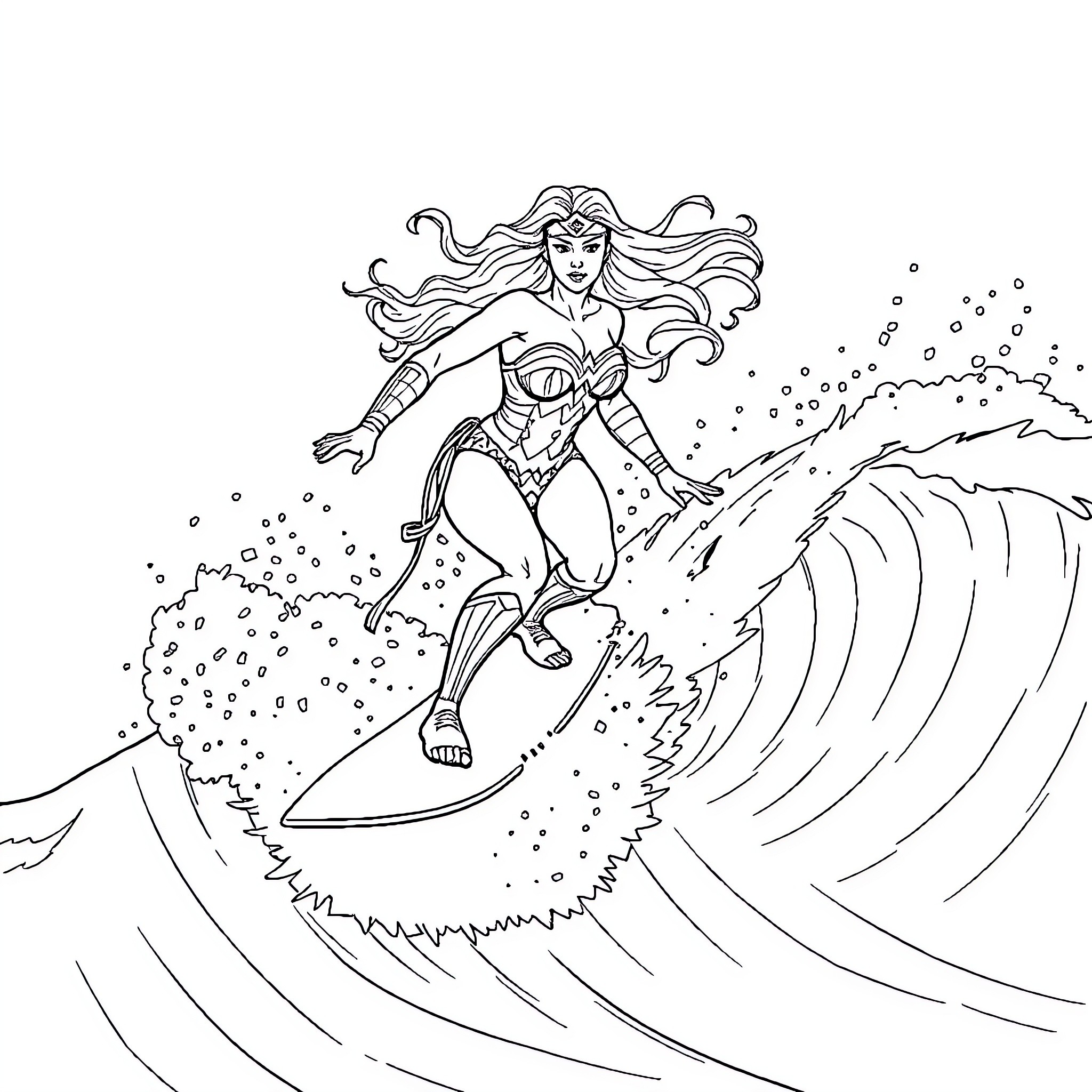 Wonder Woman Surfing Heroic Waves Coloring Page (free black-and-white line drawing printable PDF for all, from beginners to advanced learners, including children, teens, adults, and seniors)