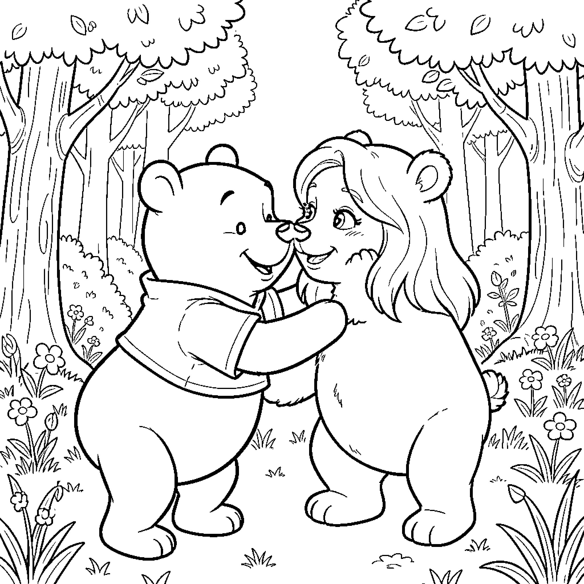 Winnie The Pooh and friend embrace in a forest scene Coloring Page (free black-and-white line drawing printable PDF for all, from beginners to advanced learners, including children, teens, adults, and seniors)