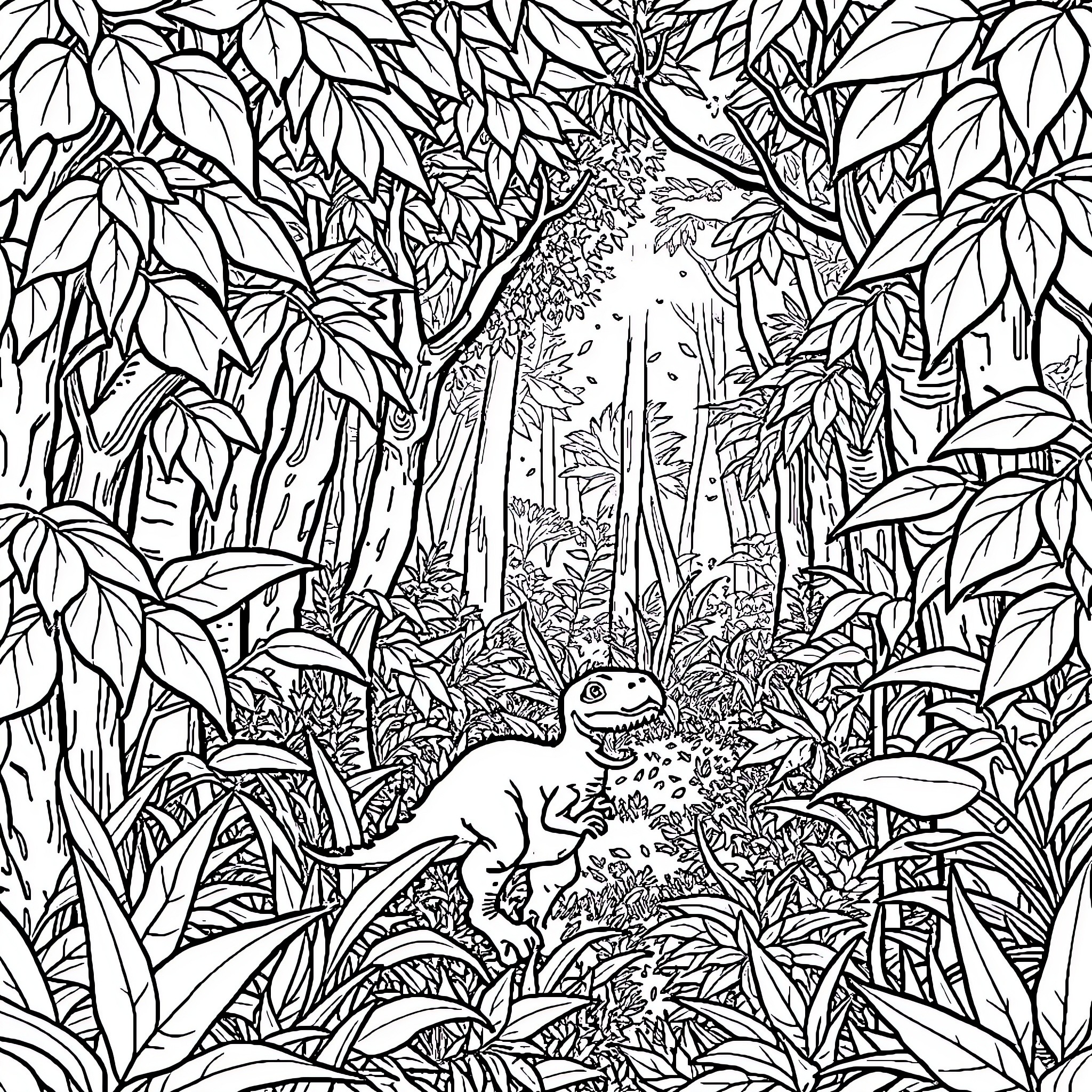 Dinosaur exploring lush jungle landscape Coloring Page (free black-and-white line drawing printable PDF for all, from beginners to advanced learners, including children, teens, adults, and seniors)