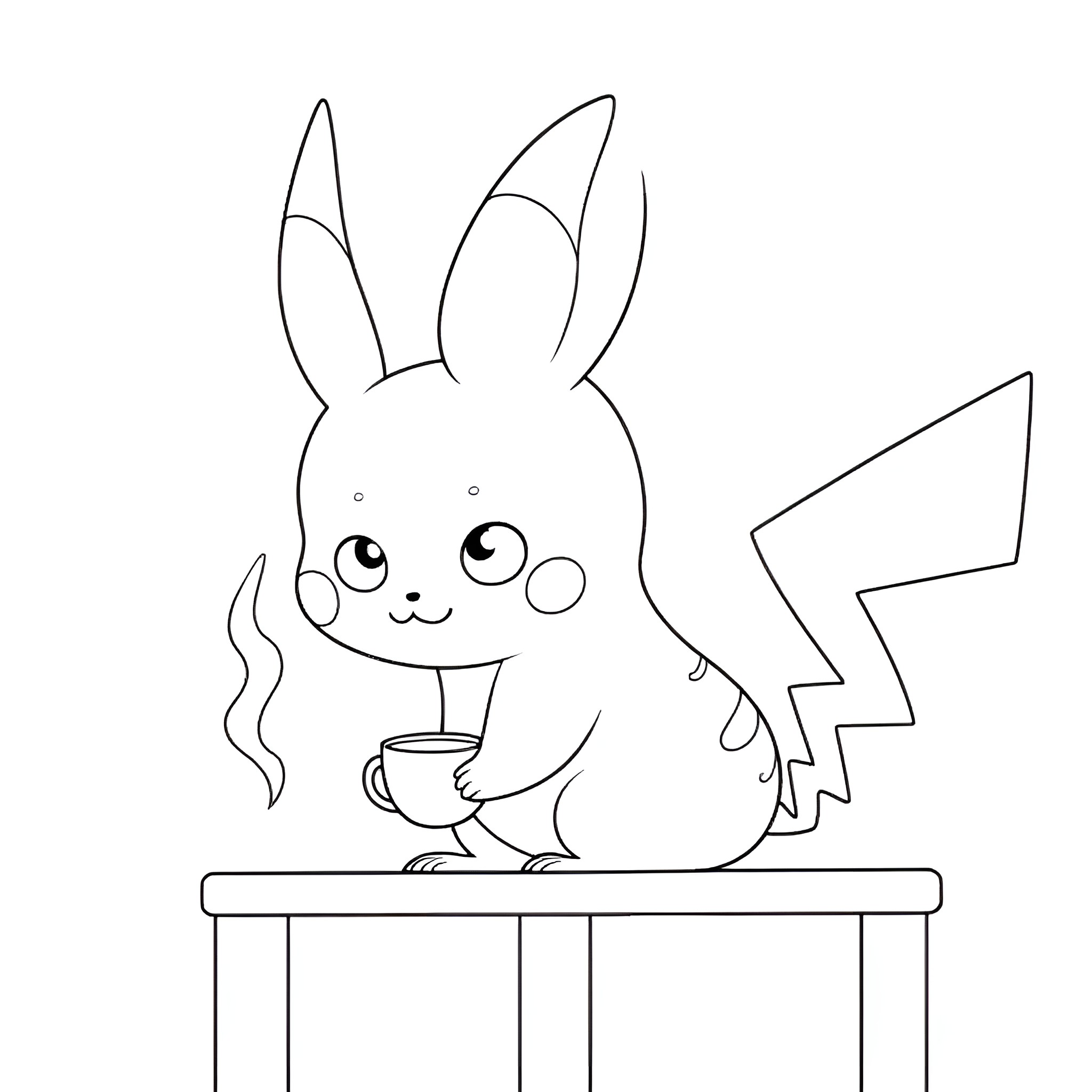 Pikachu enjoying a cup of coffee Coloring Page (free black-and-white line drawing printable PDF for all, from beginners to advanced learners, including children, teens, adults, and seniors)