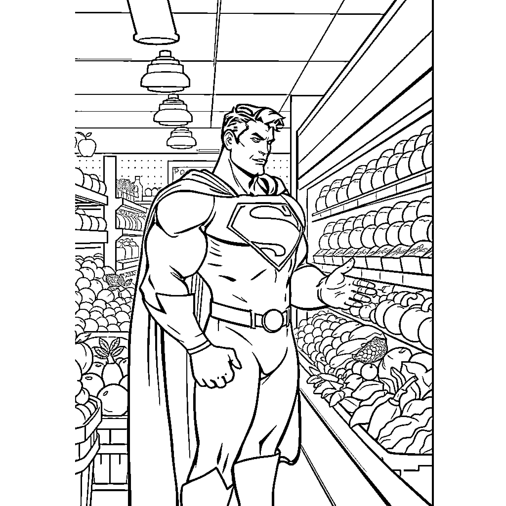 Superman standing heroically in a grocery store Coloring Page (free black-and-white line drawing printable PDF for all, from beginners to advanced learners, including children, teens, adults, and seniors)