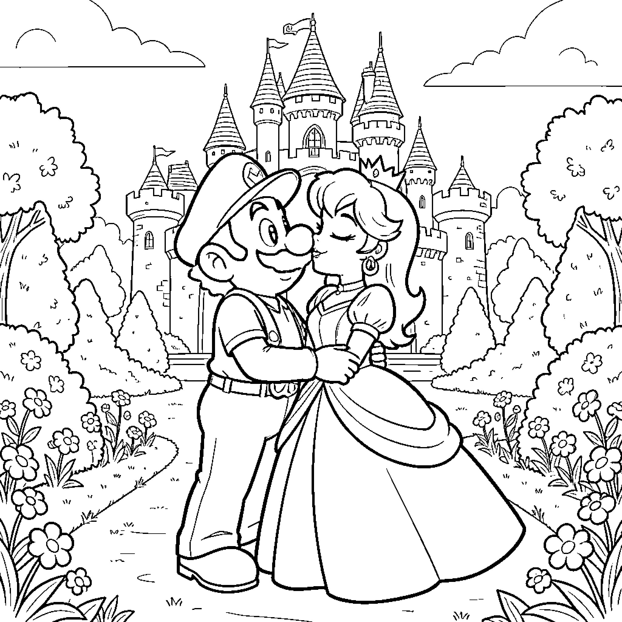 Mario sharing a romantic moment with Princess Peach Coloring Page (free black-and-white line drawing printable PDF for all, from beginners to advanced learners, including children, teens, adults, and seniors)