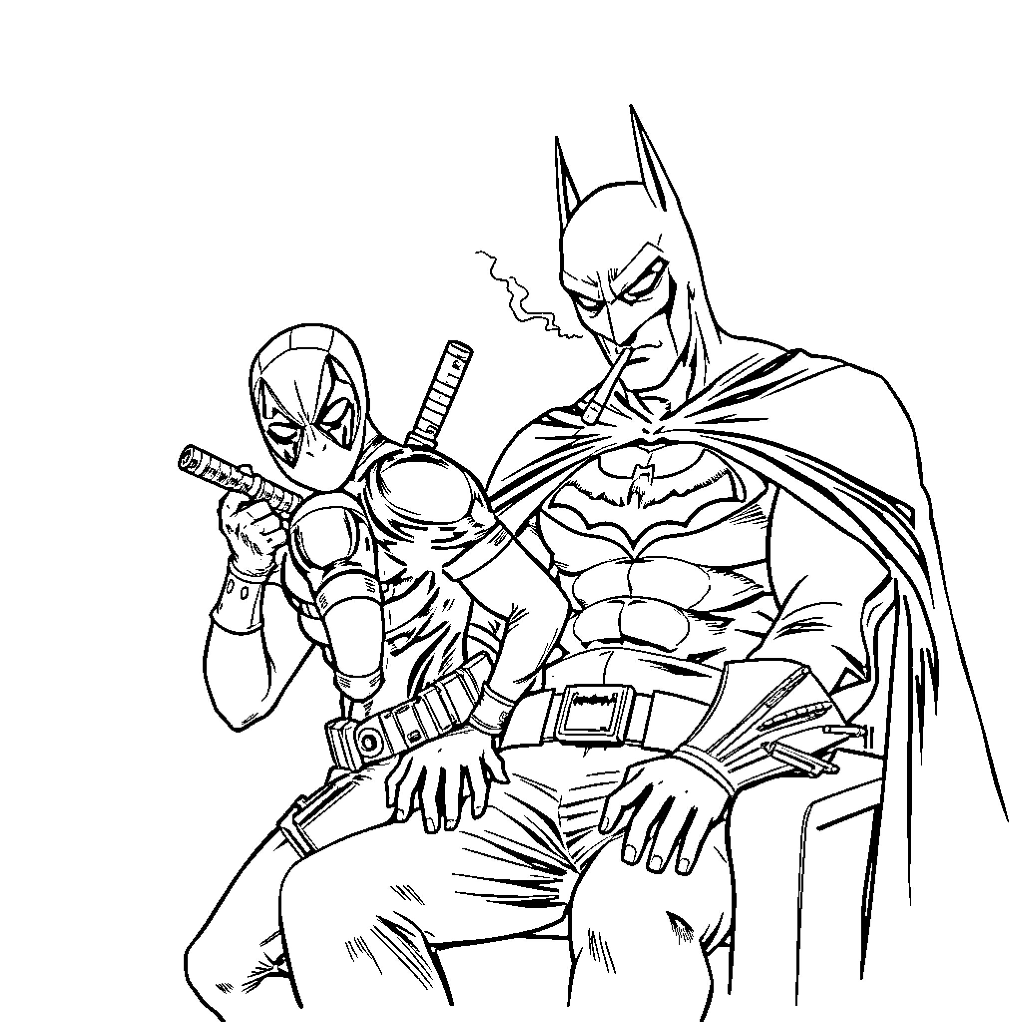 Deadpool and Batman in action-packed pose Coloring Page (free black-and-white line drawing printable PDF for all, from beginners to advanced learners, including children, teens, adults, and seniors)