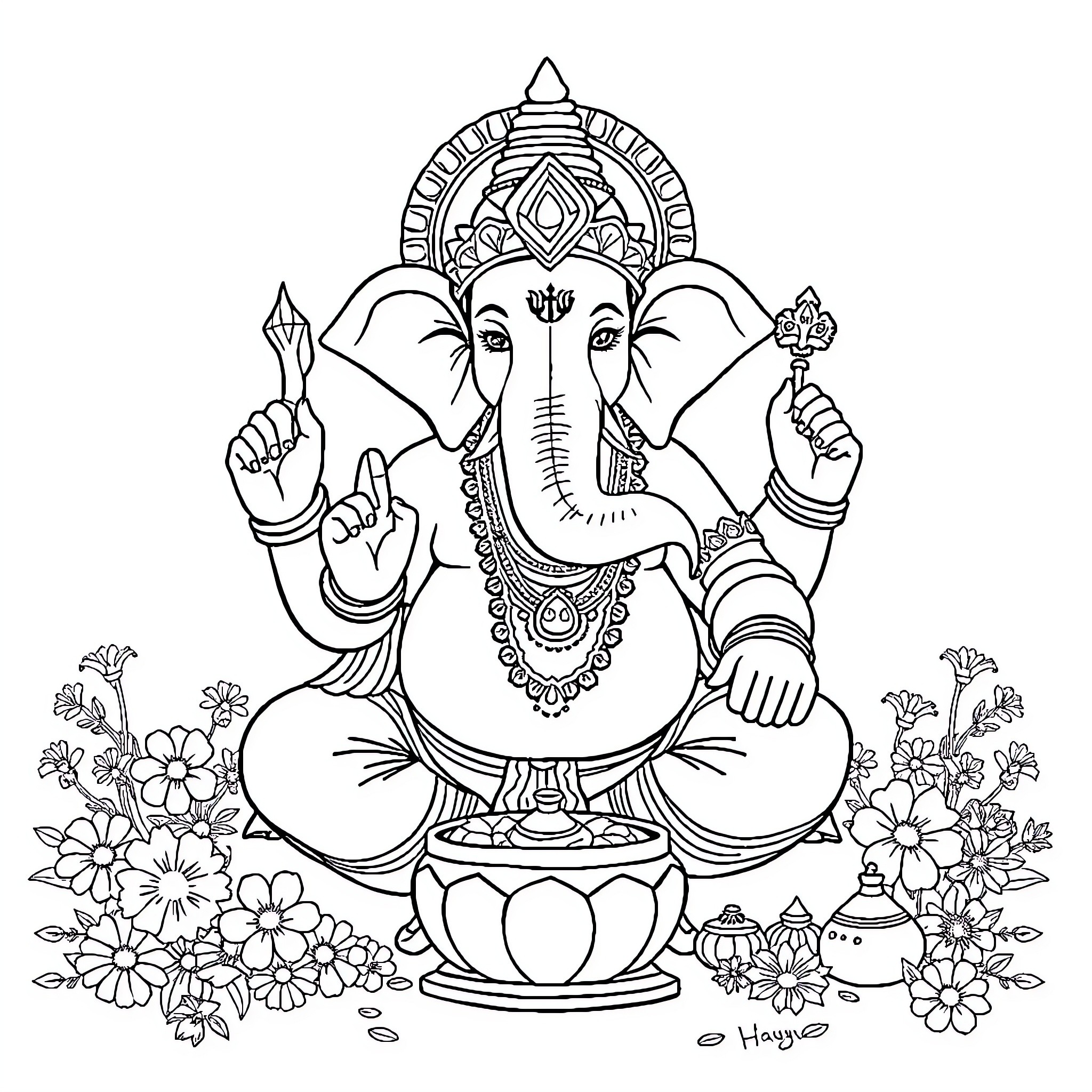 Ganesha, the Elephant-Headed Deity, Seated in Meditation Coloring Page (free black-and-white line drawing printable PDF for all, from beginners to advanced learners, including children, teens, adults, and seniors)