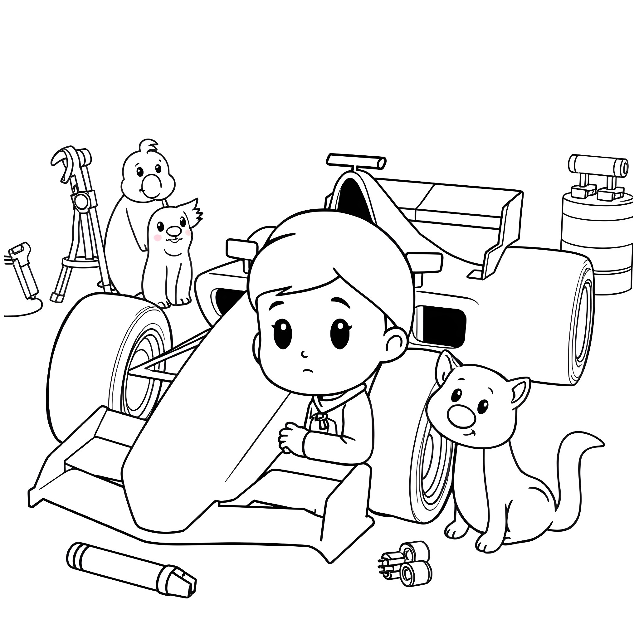 Pocoyo playing with toys and friends in the workshop Coloring Page (free black-and-white line drawing printable PDF for all, from beginners to advanced learners, including children, teens, adults, and seniors)