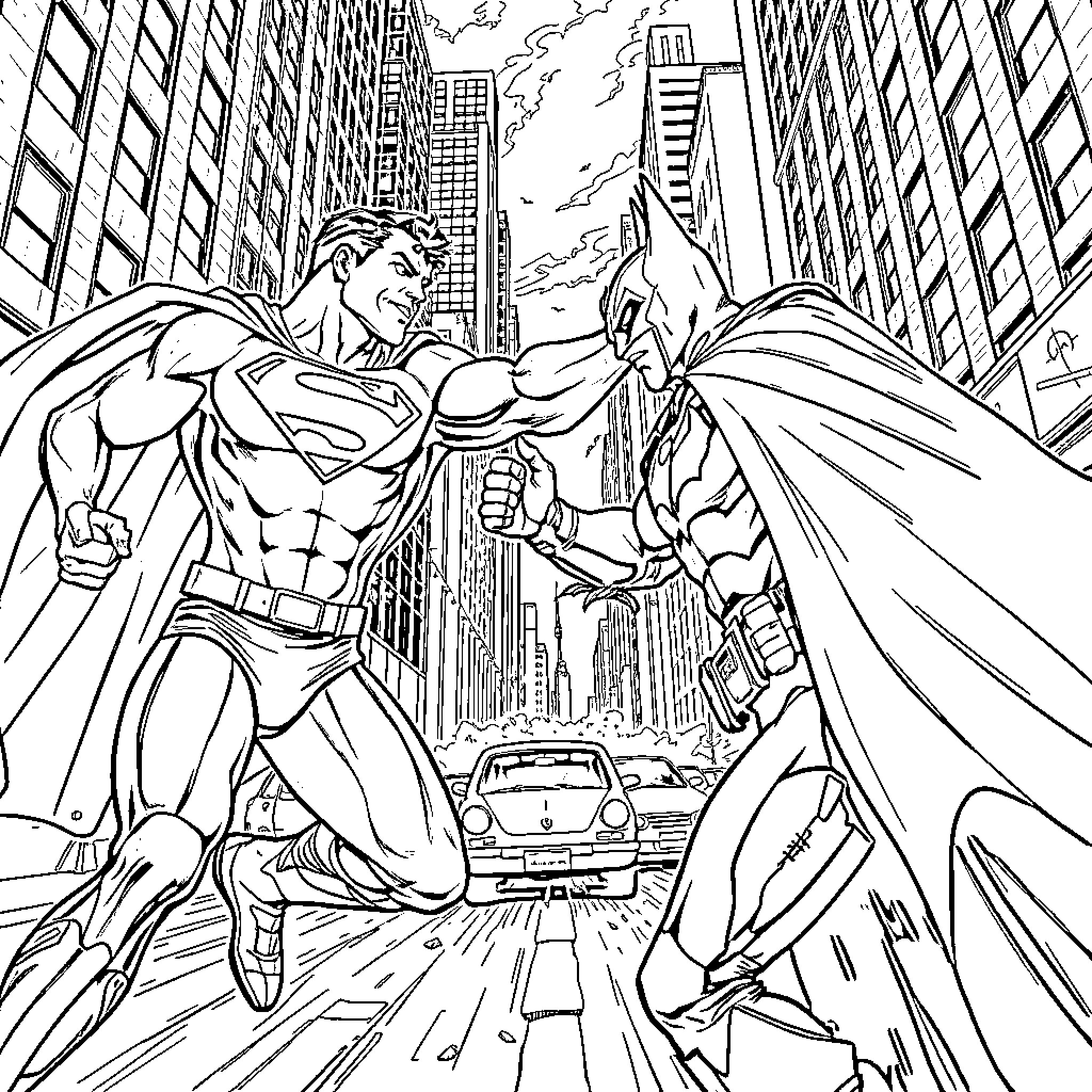 Superman and Batman in epic urban battle Coloring Page (free black-and-white line drawing printable PDF for all, from beginners to advanced learners, including children, teens, adults, and seniors)