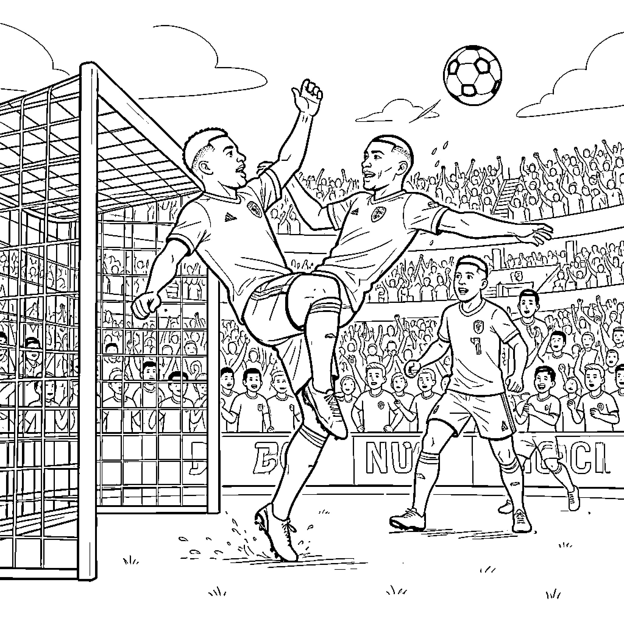 Mbappe jumping to head a soccer ball during a match Coloring Page (free black-and-white line drawing printable PDF for all, from beginners to advanced learners, including children, teens, adults, and seniors)