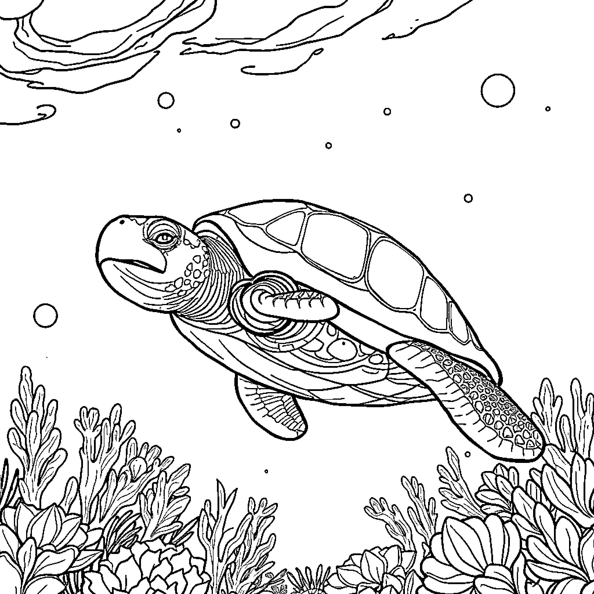 Bahena's Underwater Sea Turtle Adventure Coloring Page (free black-and-white line drawing printable PDF for all, from beginners to advanced learners, including children, teens, adults, and seniors)
