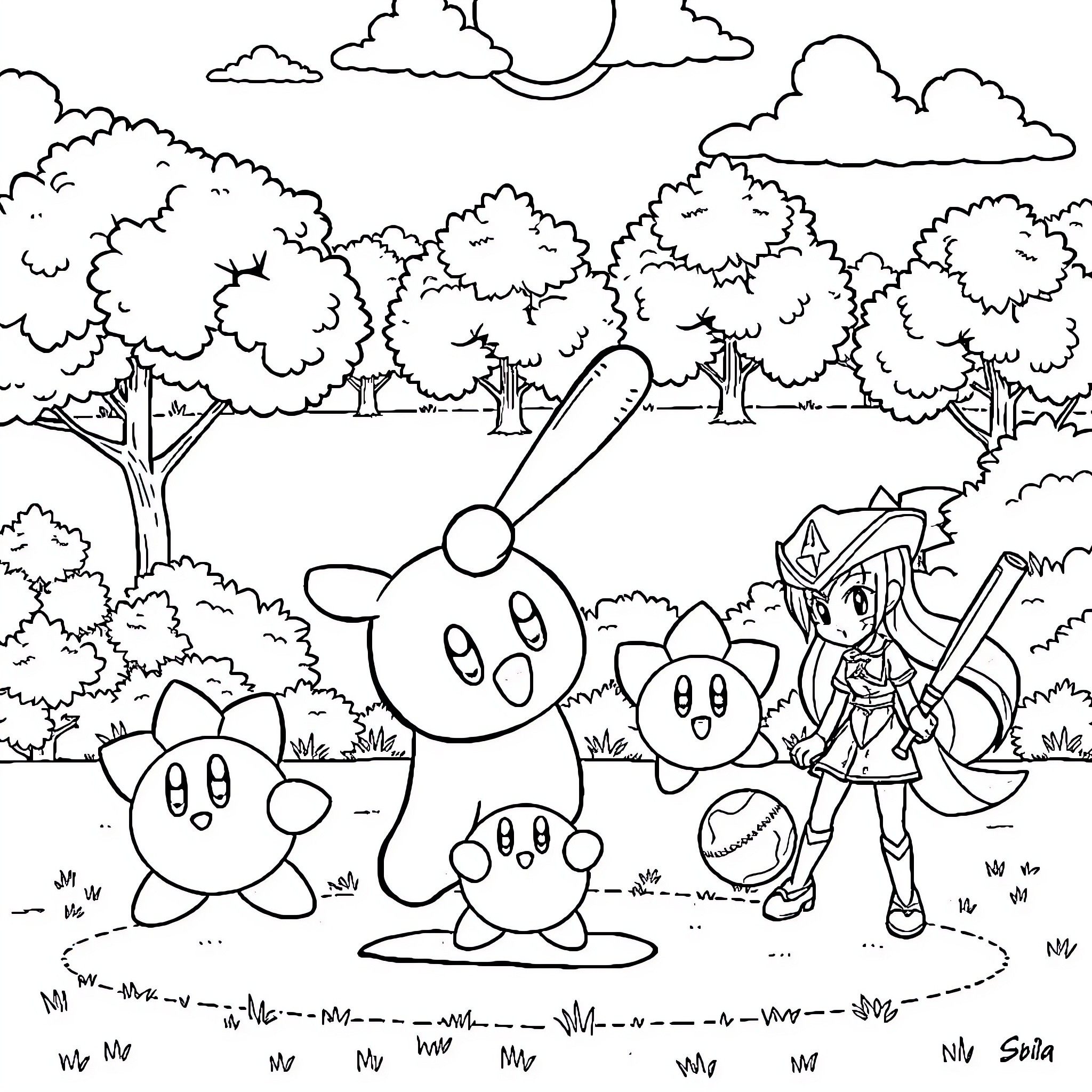 Labubu and friends explore the enchanting forest Coloring Page (free black-and-white line drawing printable PDF for all, from beginners to advanced learners, including children, teens, adults, and seniors)