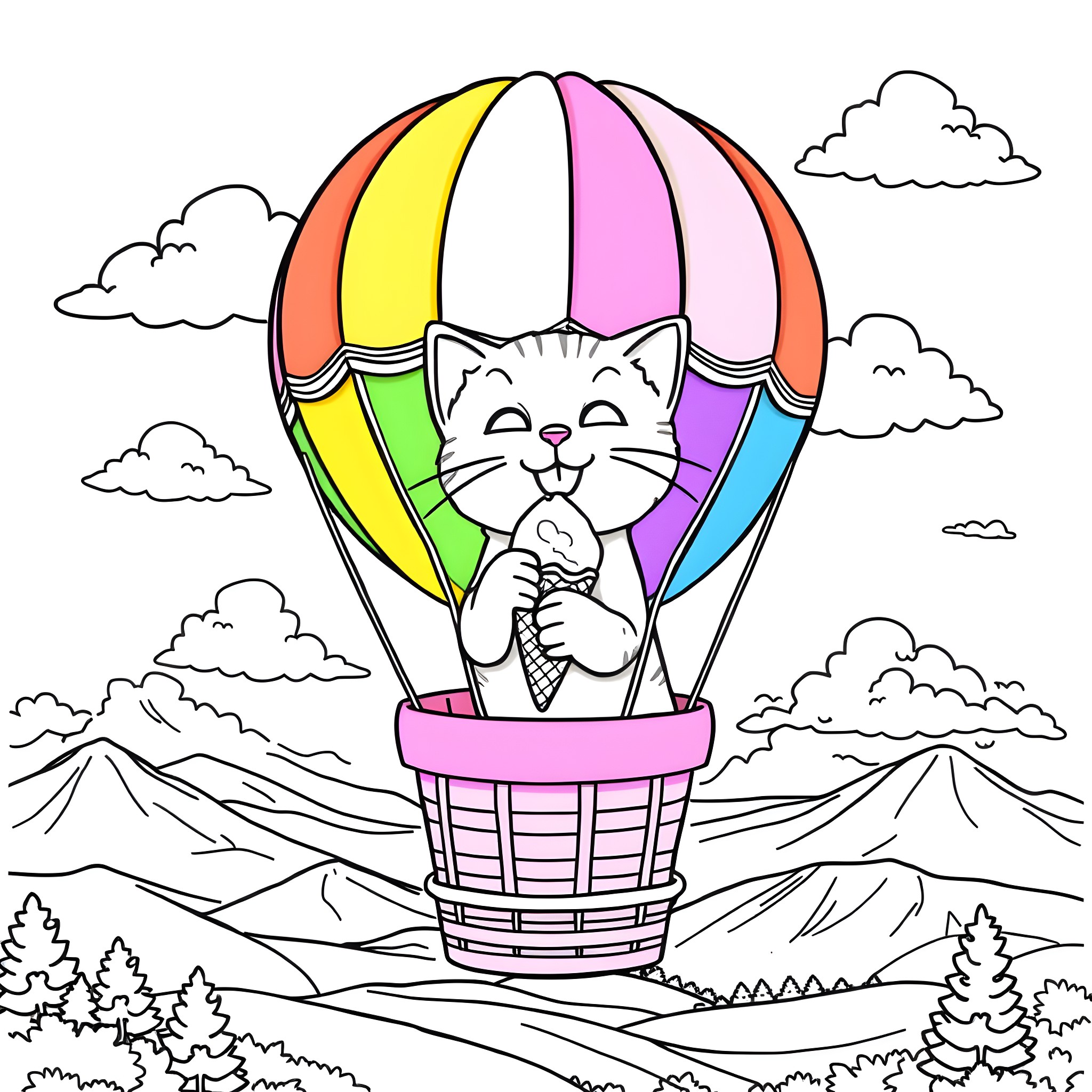 Cat riding a colorful hot air balloon Coloring Page (free black-and-white line drawing printable PDF for all, from beginners to advanced learners, including children, teens, adults, and seniors)
