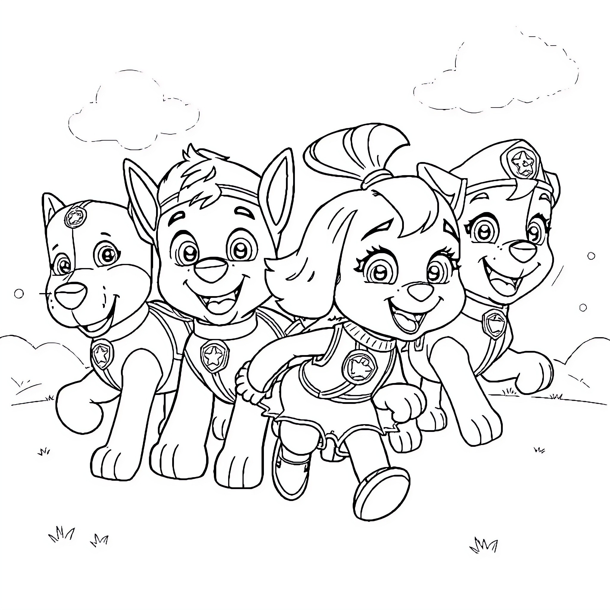 Paw Patrol pups happily playing together Coloring Page (free black-and-white line drawing printable PDF for all, from beginners to advanced learners, including children, teens, adults, and seniors)