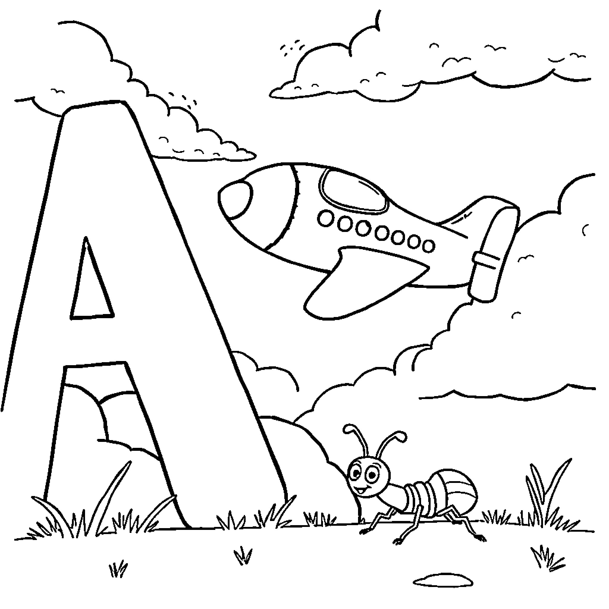 Aeroplane flying high in the sky with clouds Coloring Page (free black-and-white line drawing printable PDF for all, from beginners to advanced learners, including children, teens, adults, and seniors)