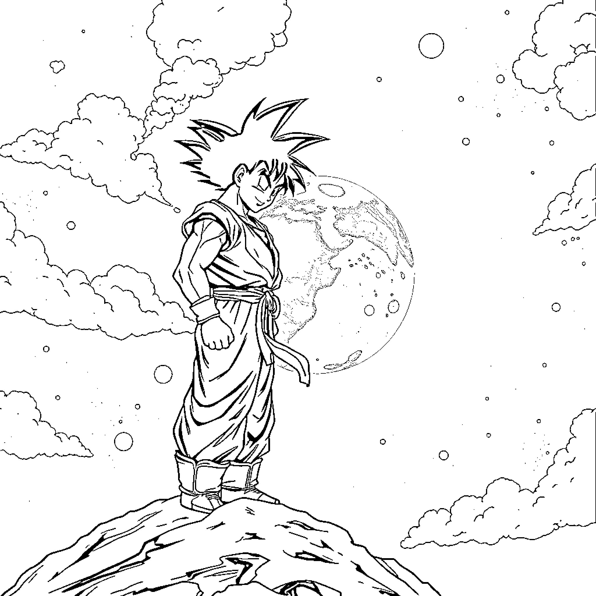 Goku standing on a mountain overlooking the world Coloring Page (free black-and-white line drawing printable PDF for all, from beginners to advanced learners, including children, teens, adults, and seniors)