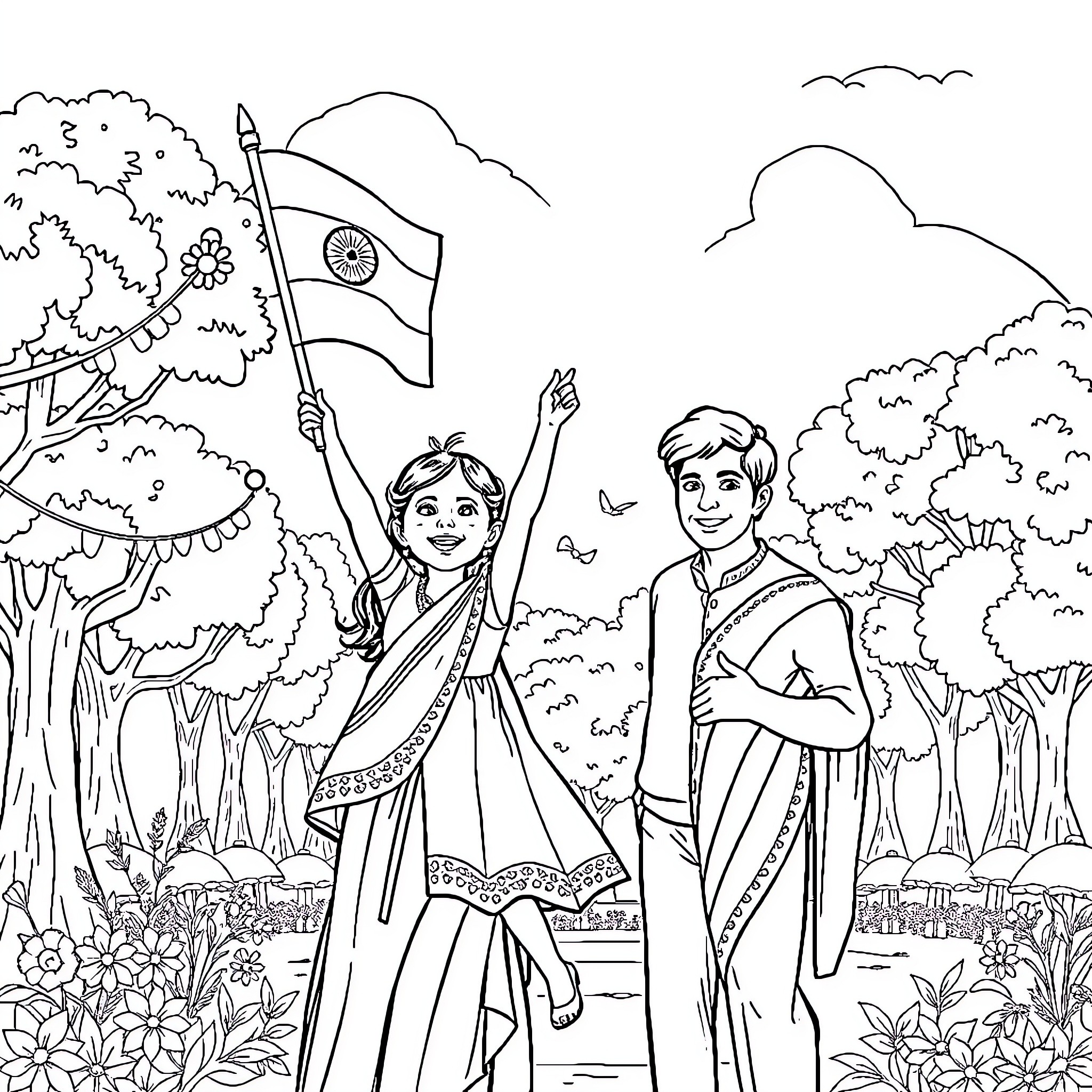 Girl proudly waving Indian flag in a nature setting Coloring Page (free black-and-white line drawing printable PDF for all, from beginners to advanced learners, including children, teens, adults, and seniors)