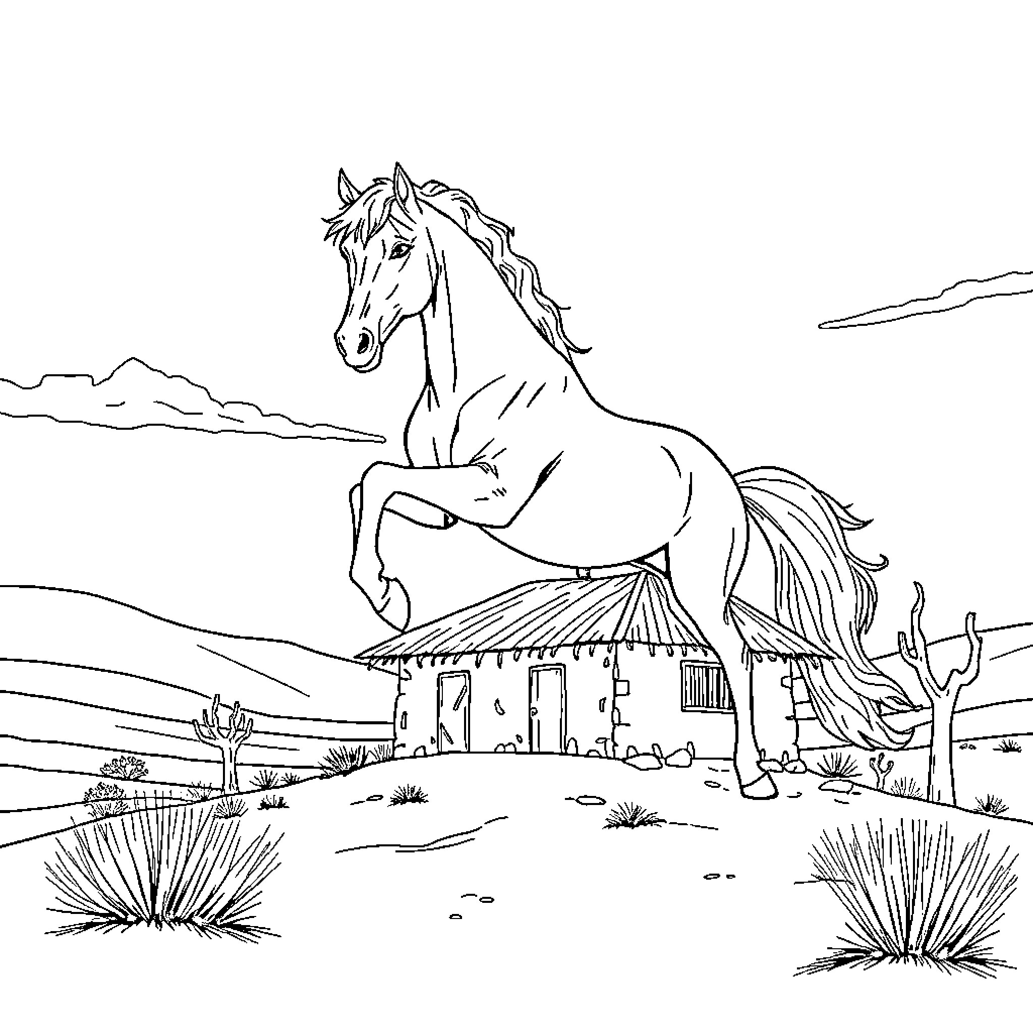 Caballo rampante en el paisaje desértico Coloring Page (free black-and-white line drawing printable PDF for all, from beginners to advanced learners, including children, teens, adults, and seniors)