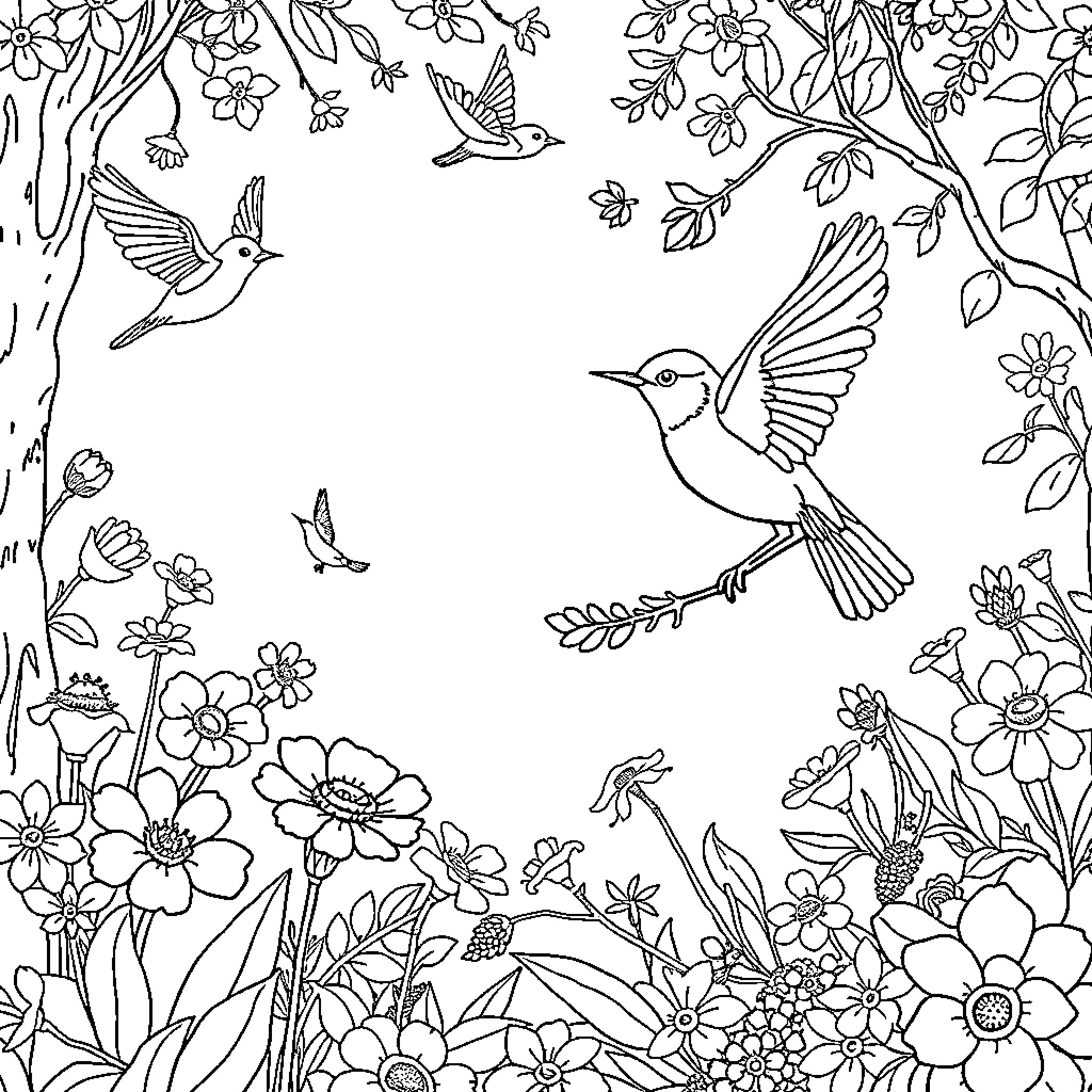 Birds dancing among blooming floral scenery Coloring Page (free black-and-white line drawing printable PDF for all, from beginners to advanced learners, including children, teens, adults, and seniors)