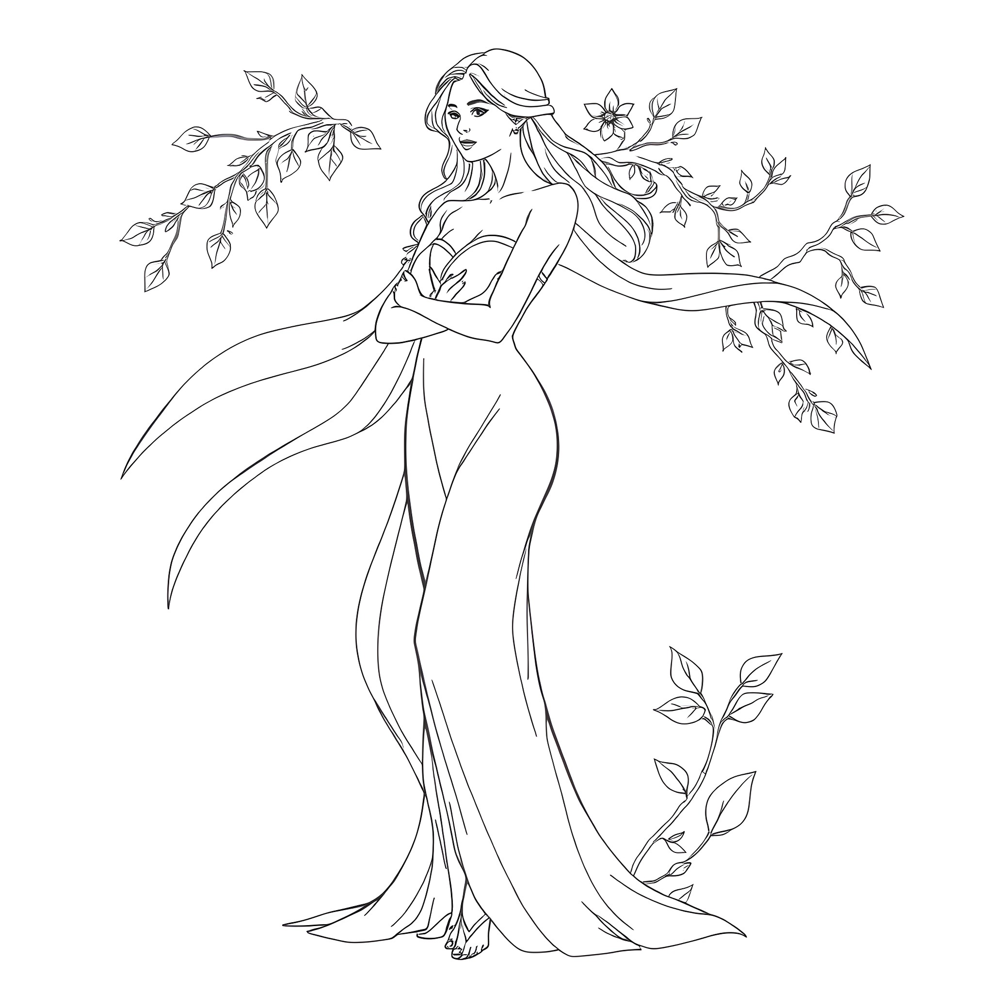 Woman in flowing dress surrounded by floral elements Coloring Page (free black-and-white line drawing printable PDF for all, from beginners to advanced learners, including children, teens, adults, and seniors)