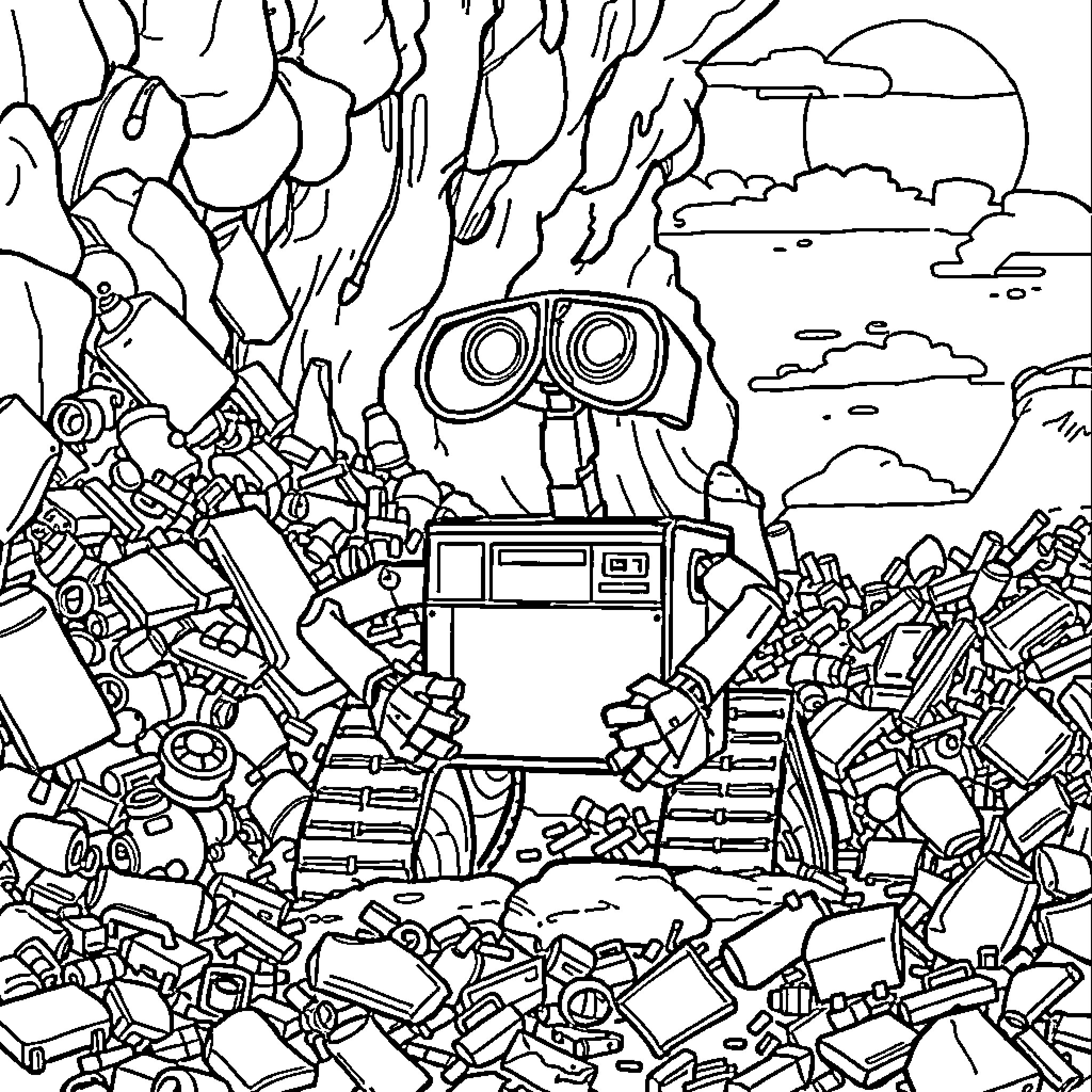 Wall-E searching through a pile of junk Coloring Page (free black-and-white line drawing printable PDF for all, from beginners to advanced learners, including children, teens, adults, and seniors)