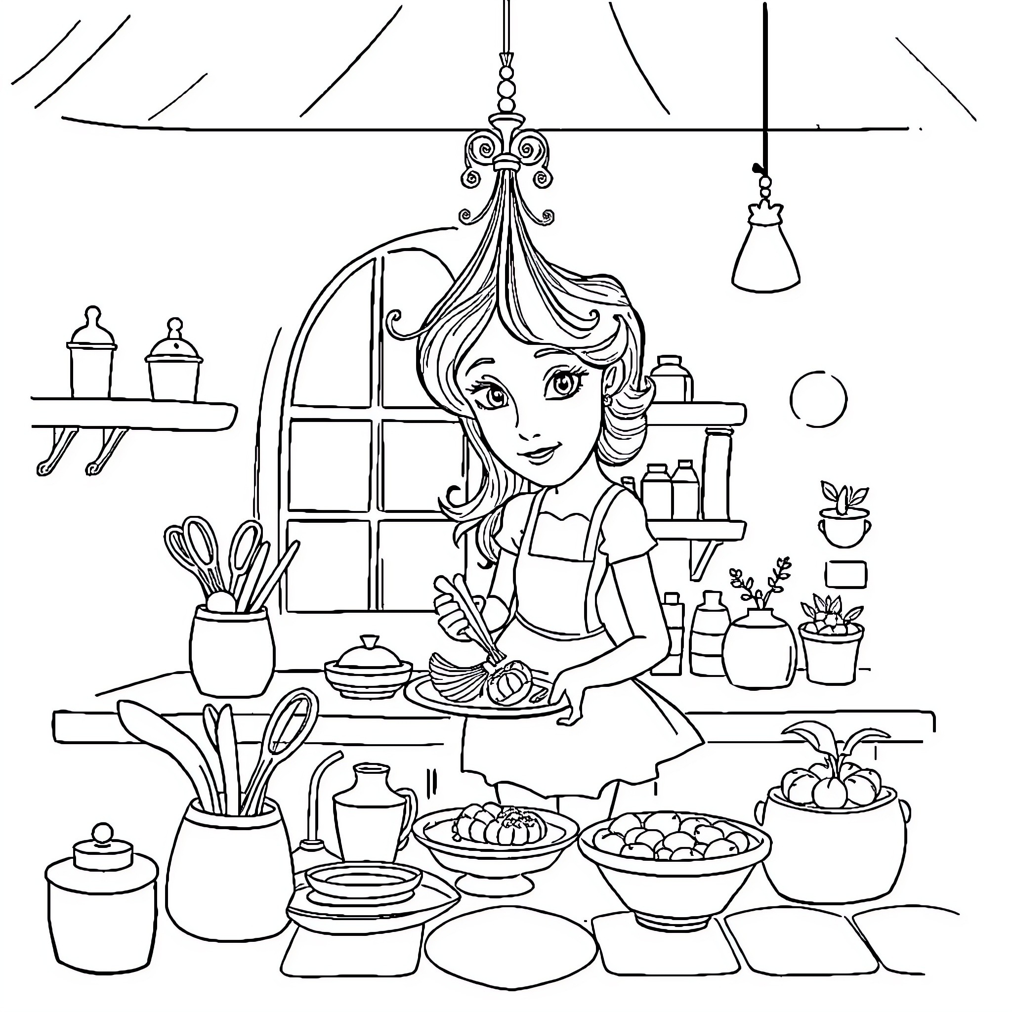 Gaby cooking delightful dishes in the kitchen Coloring Page (free black-and-white line drawing printable PDF for all, from beginners to advanced learners, including children, teens, adults, and seniors)