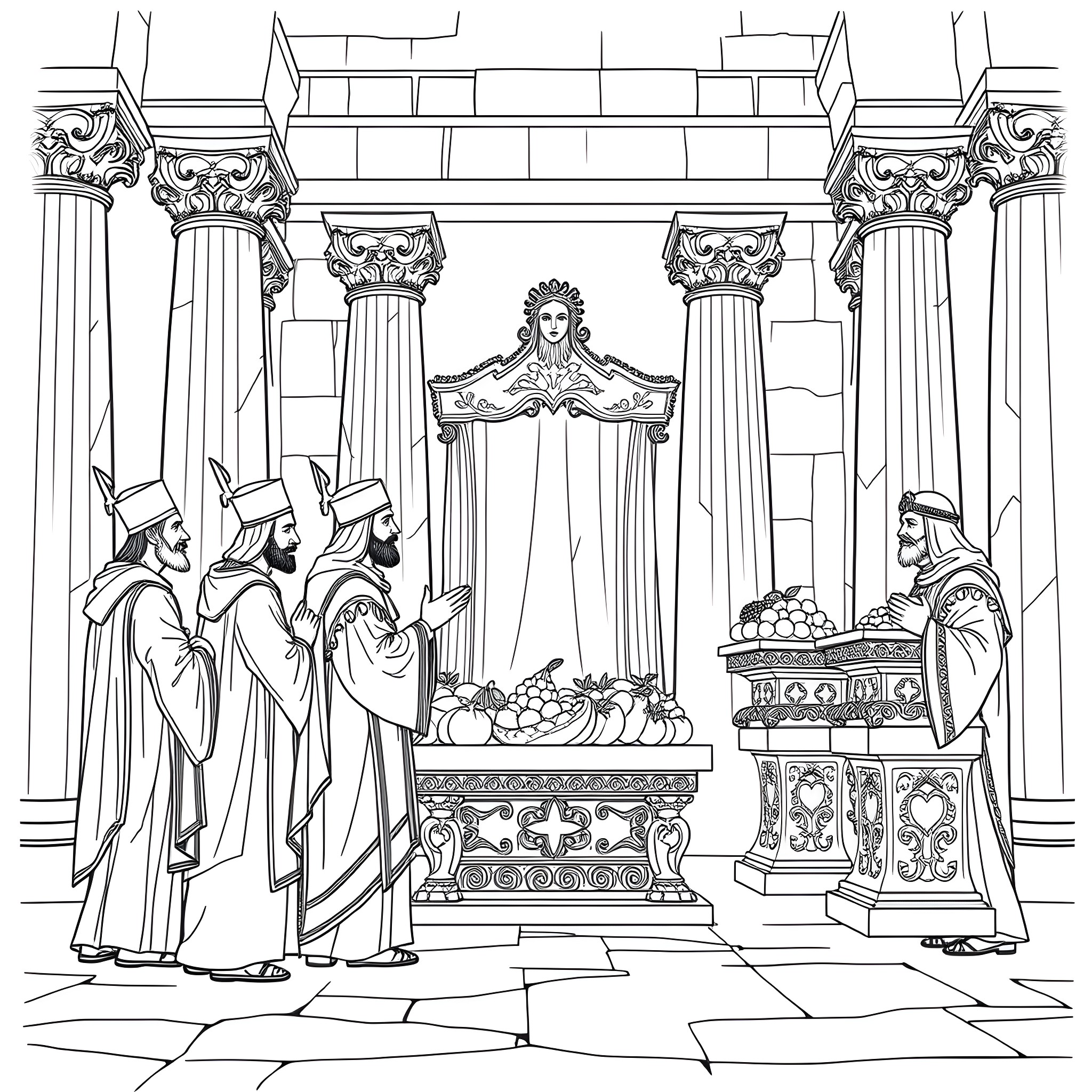 Priest leading a religious ceremony in a grand temple Coloring Page (free black-and-white line drawing printable PDF for all, from beginners to advanced learners, including children, teens, adults, and seniors)