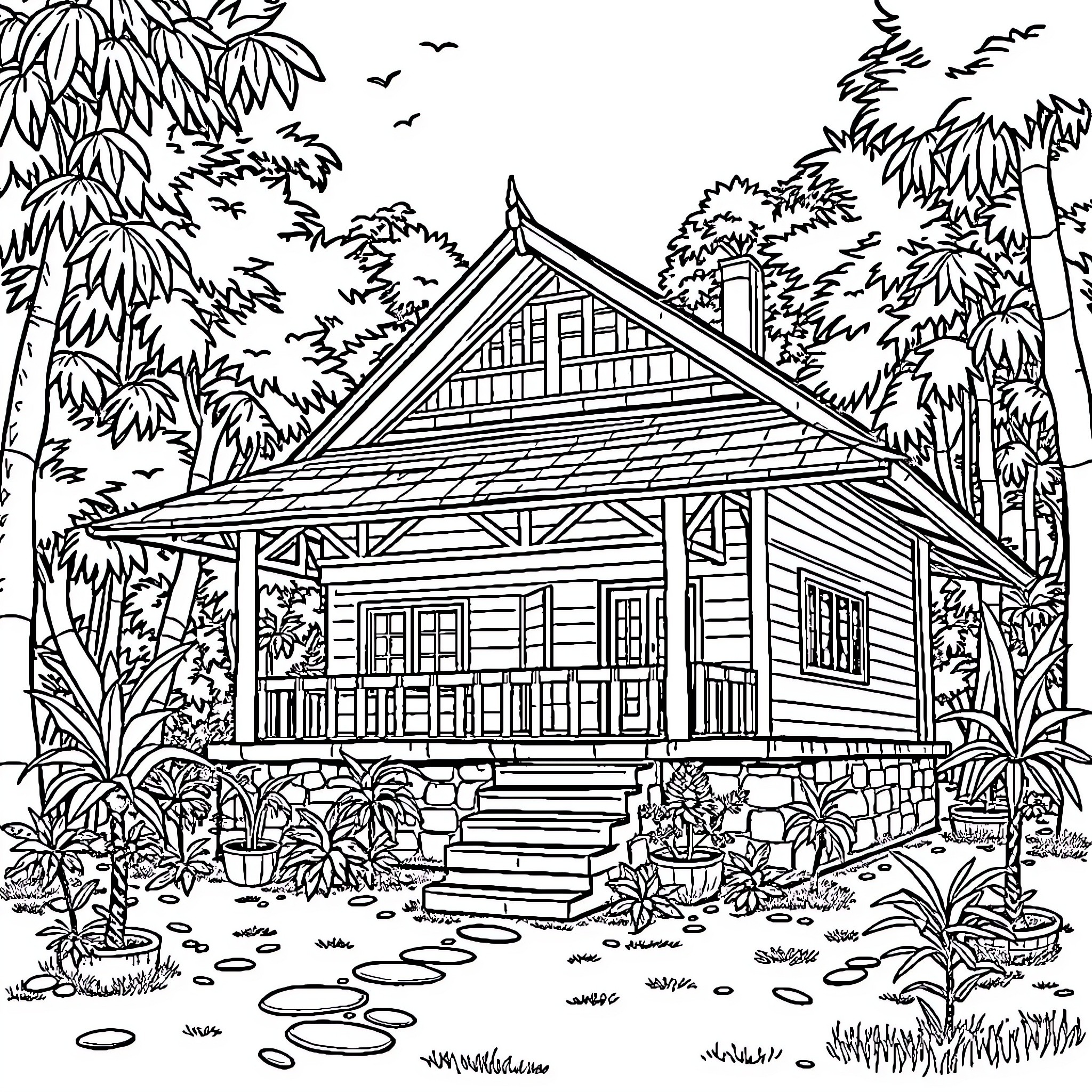 House in a lush tropical garden Coloring Page (free black-and-white line drawing printable PDF for all, from beginners to advanced learners, including children, teens, adults, and seniors)