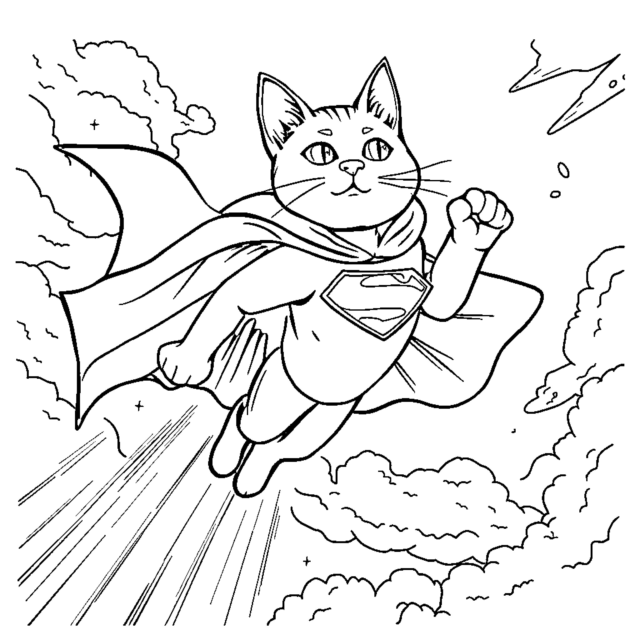 Supercat soaring through the skies with superhero cape Coloring Page (free black-and-white line drawing printable PDF for all, from beginners to advanced learners, including children, teens, adults, and seniors)
