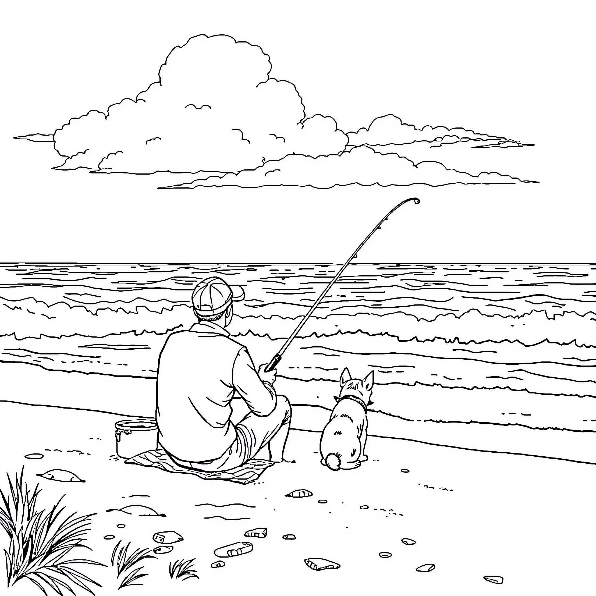 Man fishing with dog by the sea Coloring Page (free black-and-white line drawing printable PDF for all, from beginners to advanced learners, including children, teens, adults, and seniors)