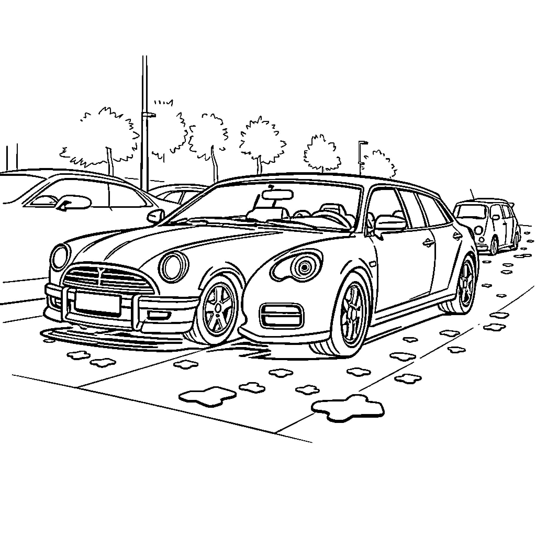 Car parked on a road with trees in the background Coloring Page (free black-and-white line drawing printable PDF for all, from beginners to advanced learners, including children, teens, adults, and seniors)