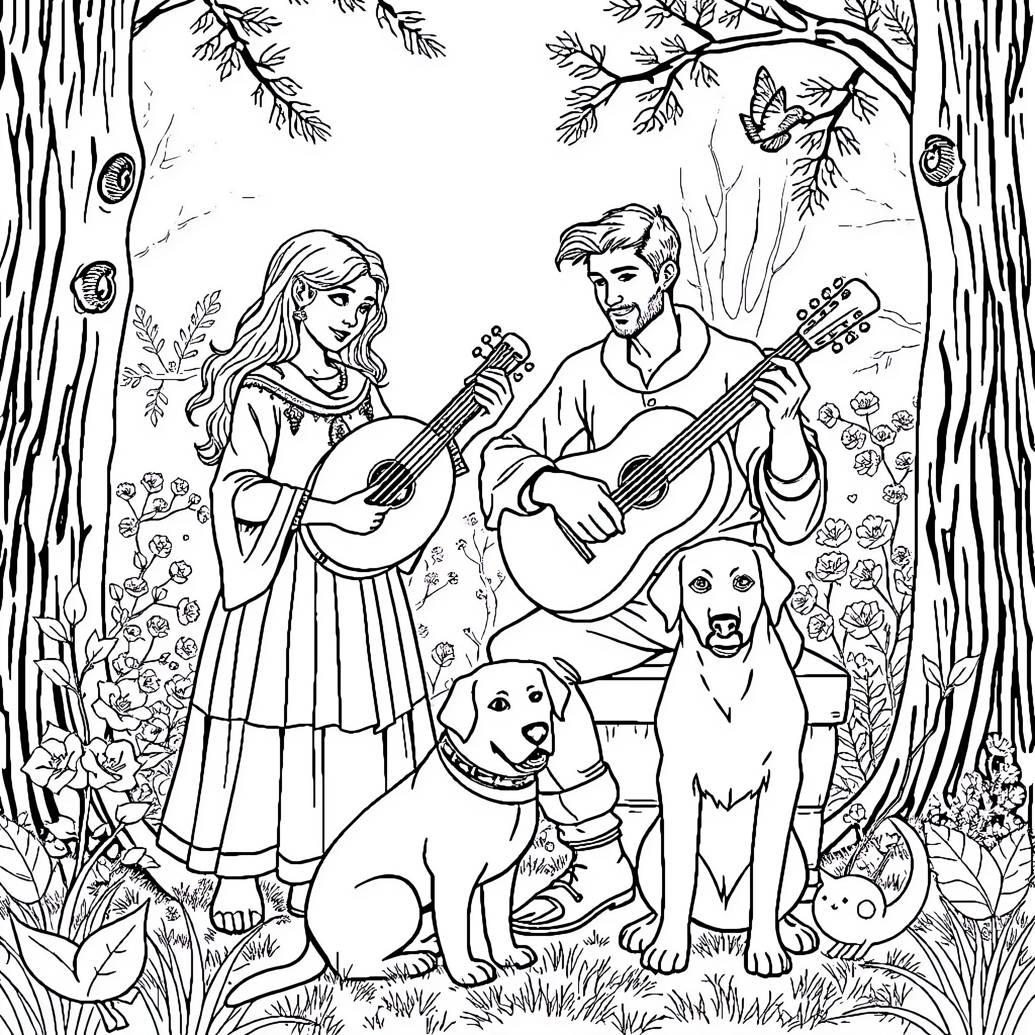 Girl and boy playing guitar in the forest with dogs Coloring Page (free black-and-white line drawing printable PDF for all, from beginners to advanced learners, including children, teens, adults, and seniors)