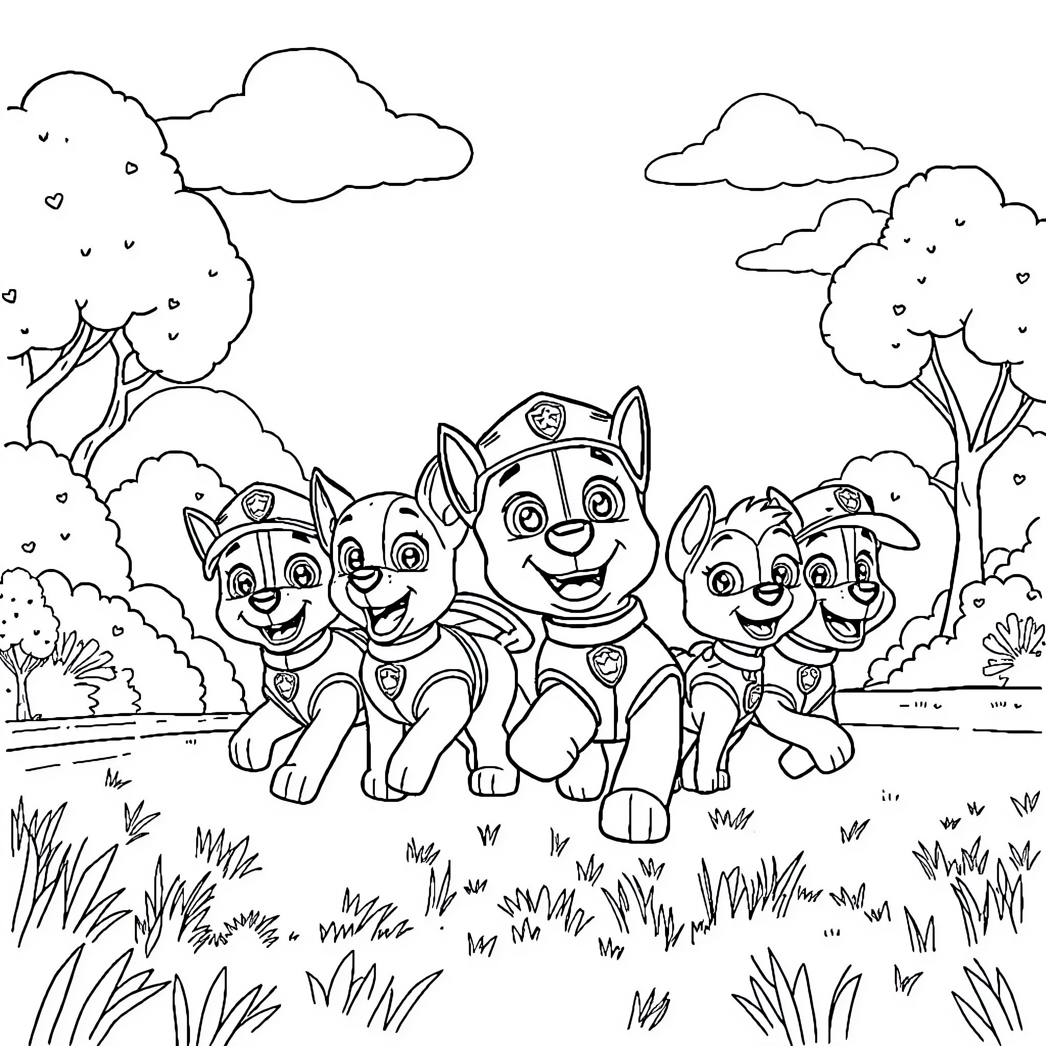 Paw Patrol Puppies Exploring Outdoor Scene Coloring Page (free black-and-white line drawing printable PDF for all, from beginners to advanced learners, including children, teens, adults, and seniors)
