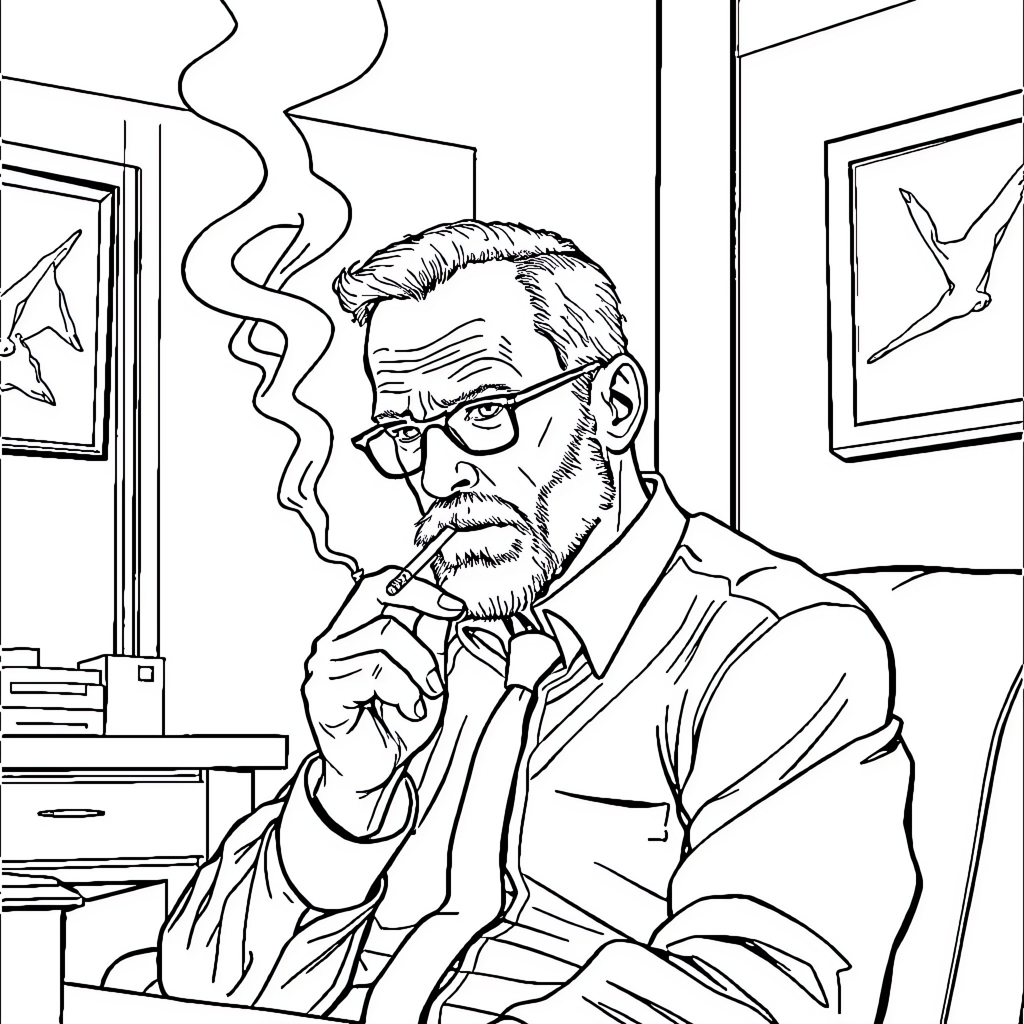 Heisenberg pondering intently in his study Coloring Page (free black-and-white line drawing printable PDF for all, from beginners to advanced learners, including children, teens, adults, and seniors)
