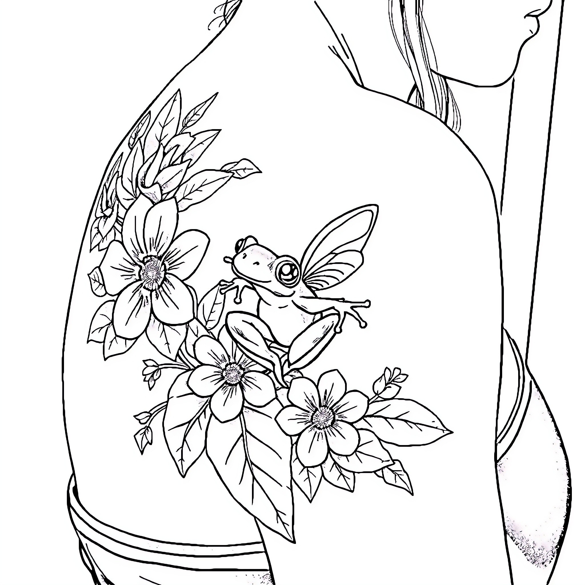 Tattoo design with floral and insect motifs Coloring Page (free black-and-white line drawing printable PDF for all, from beginners to advanced learners, including children, teens, adults, and seniors)
