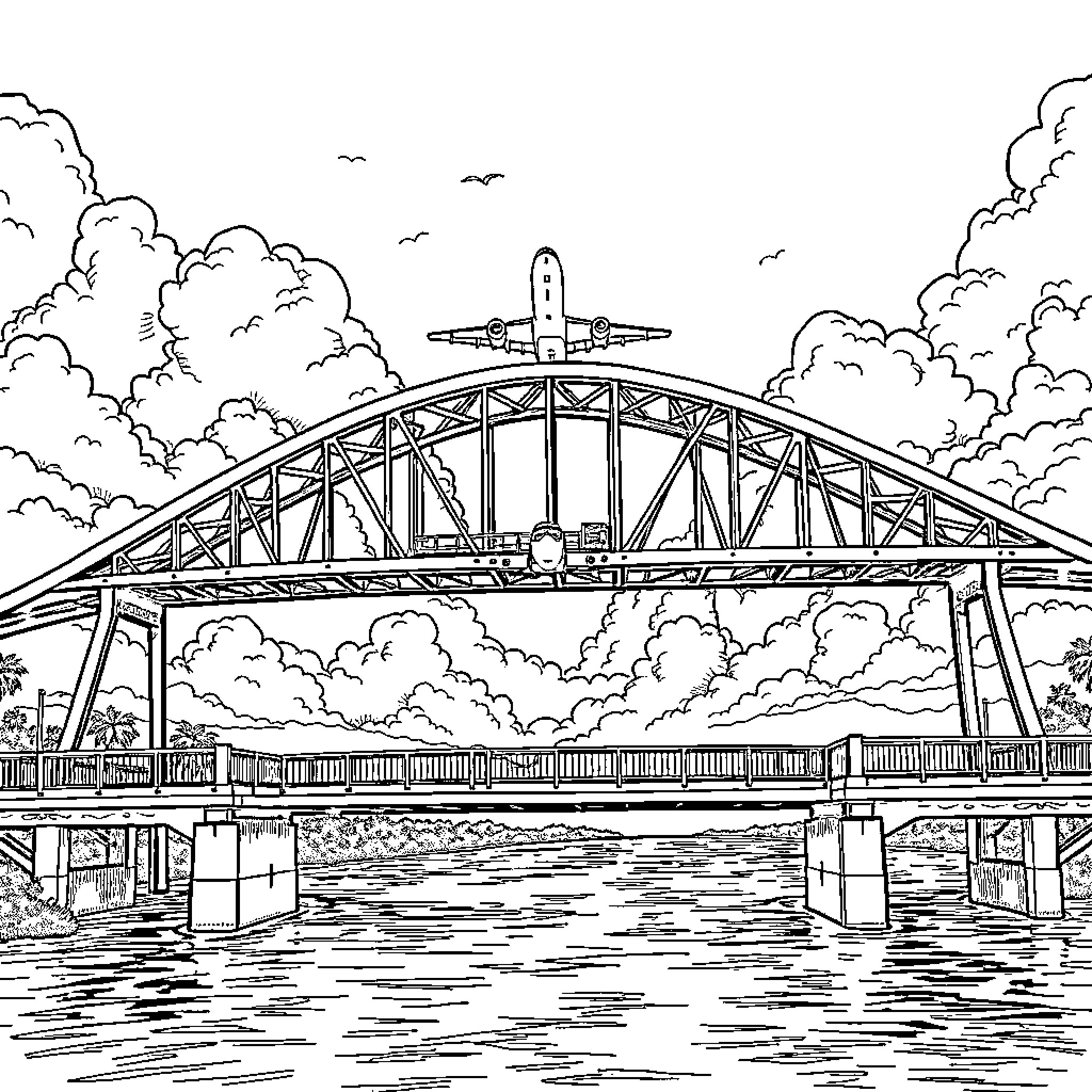 Drawbridge over a river with airplanes in the sky Coloring Page (free black-and-white line drawing printable PDF for all, from beginners to advanced learners, including children, teens, adults, and seniors)