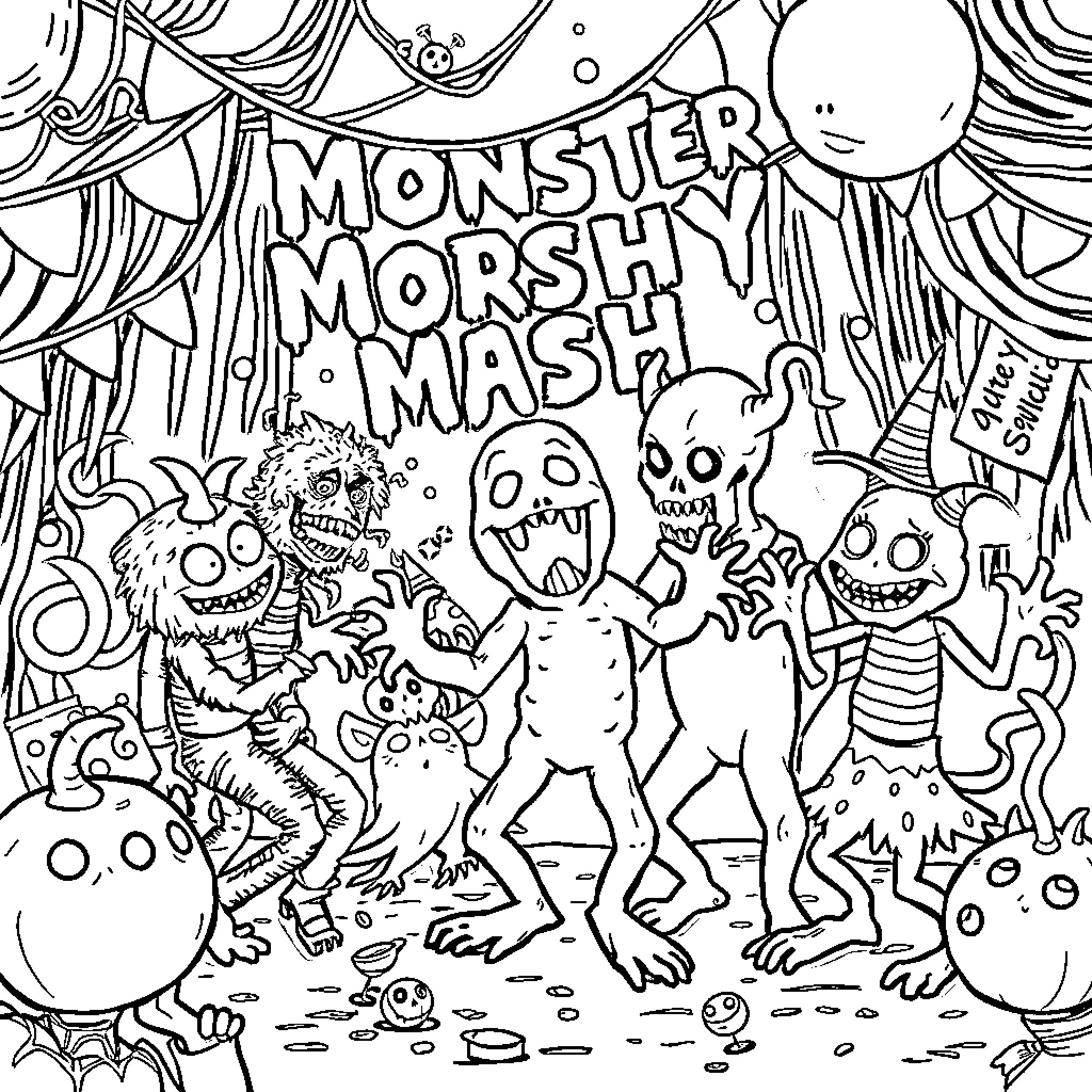 Monster Morshy Mash: Spooky Creatures Mischief and Dance Coloring Page (free black-and-white line drawing printable PDF for all, from beginners to advanced learners, including children, teens, adults, and seniors)