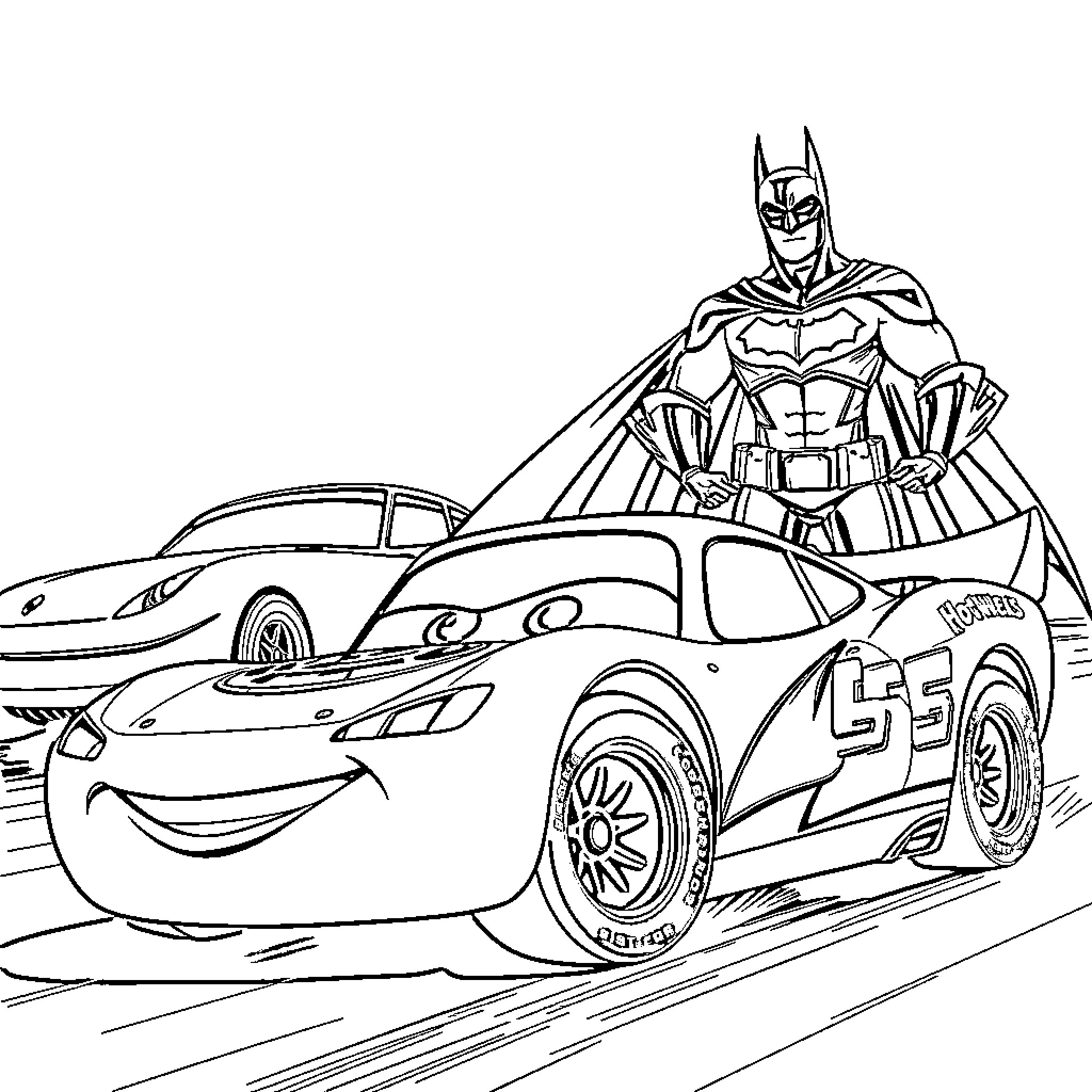Flash McQueen and Batman on the race track Coloring Page (free black-and-white line drawing printable PDF for all, from beginners to advanced learners, including children, teens, adults, and seniors)