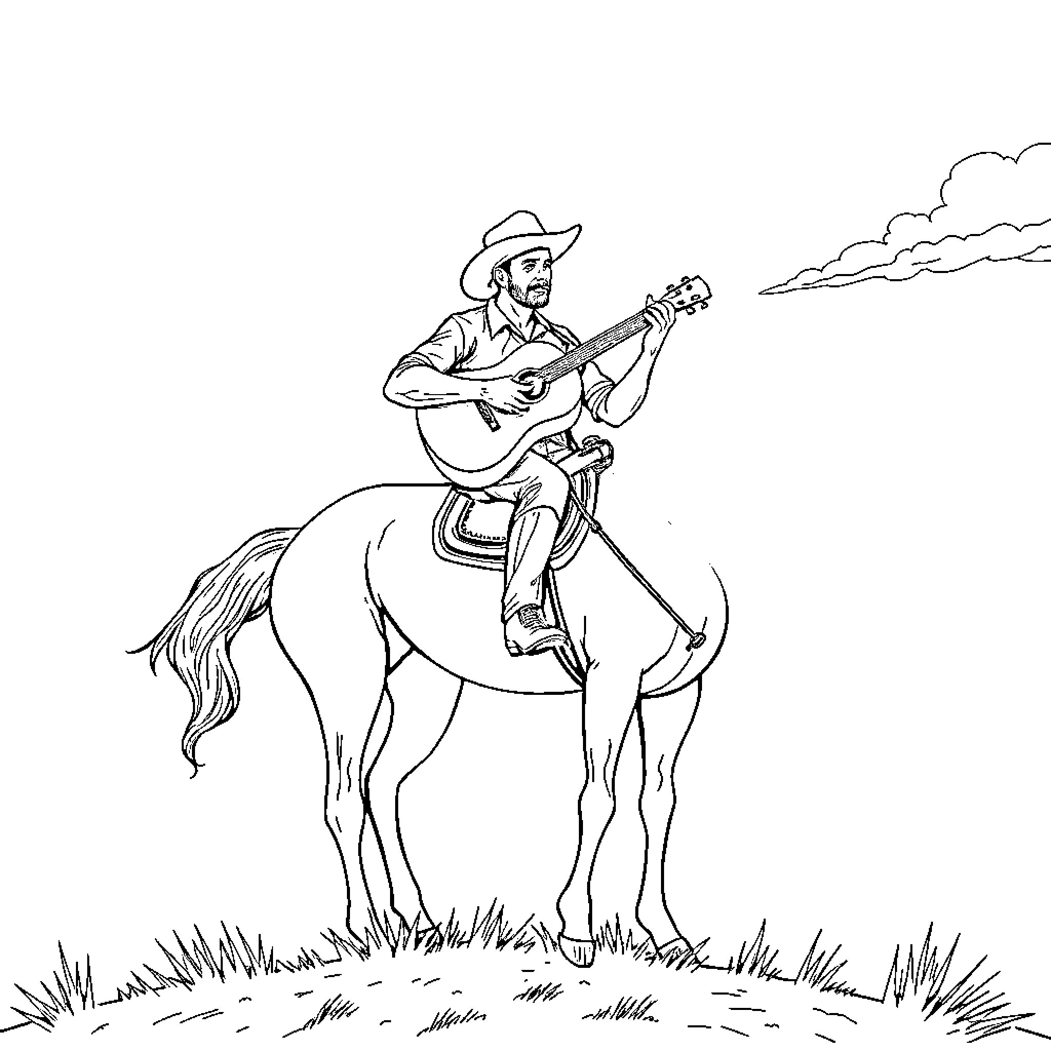 Songo Cowboy Serenading Horse in the Meadow Coloring Page (free black-and-white line drawing printable PDF for all, from beginners to advanced learners, including children, teens, adults, and seniors)