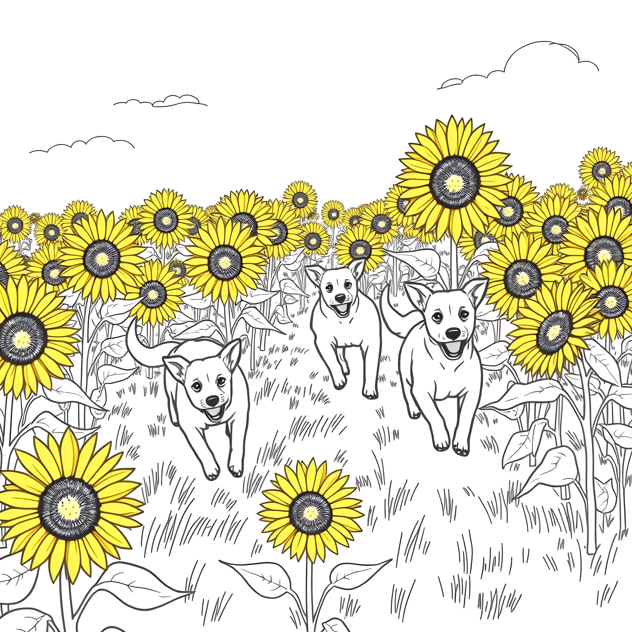 Dog playing among sunflowers in the field Coloring Page (free black-and-white line drawing printable PDF for all, from beginners to advanced learners, including children, teens, adults, and seniors)