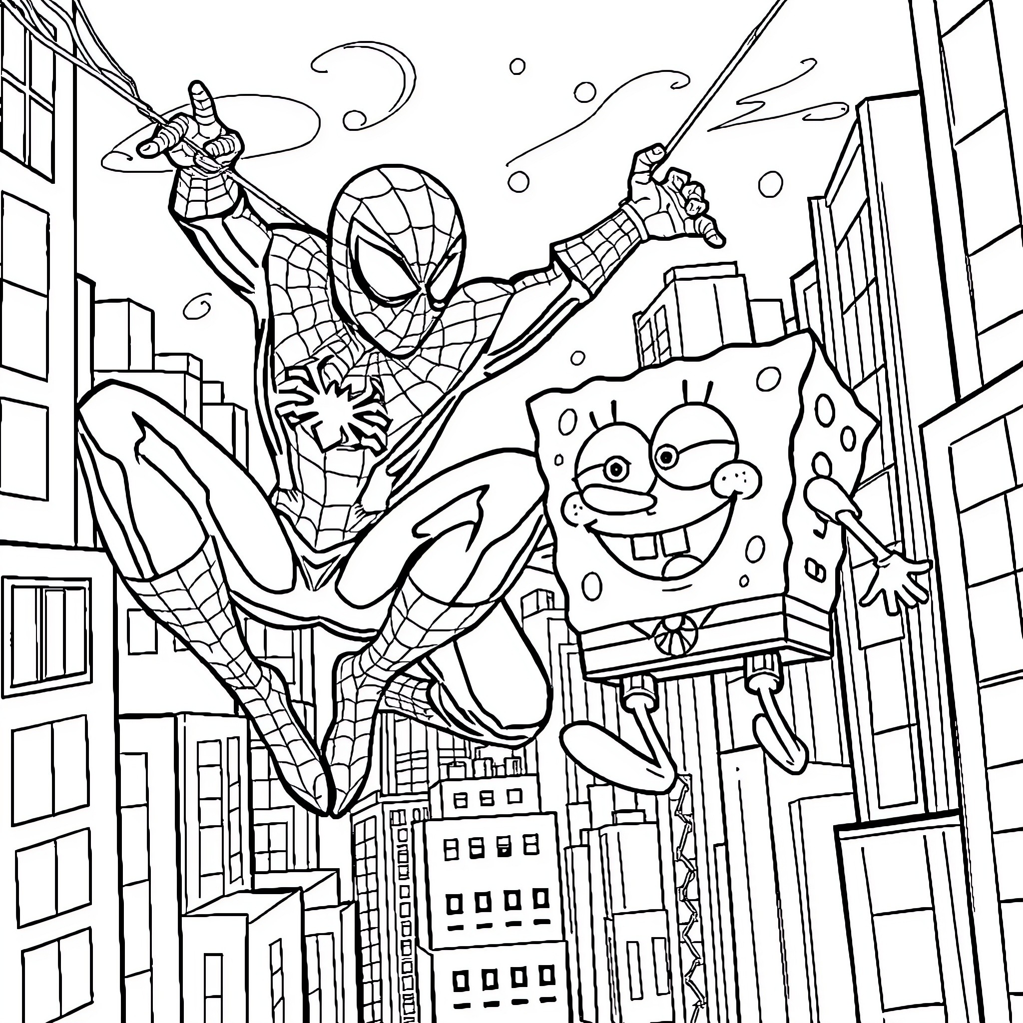 Spiderman swinging heroically through the city Coloring Page (free black-and-white line drawing printable PDF for all, from beginners to advanced learners, including children, teens, adults, and seniors)