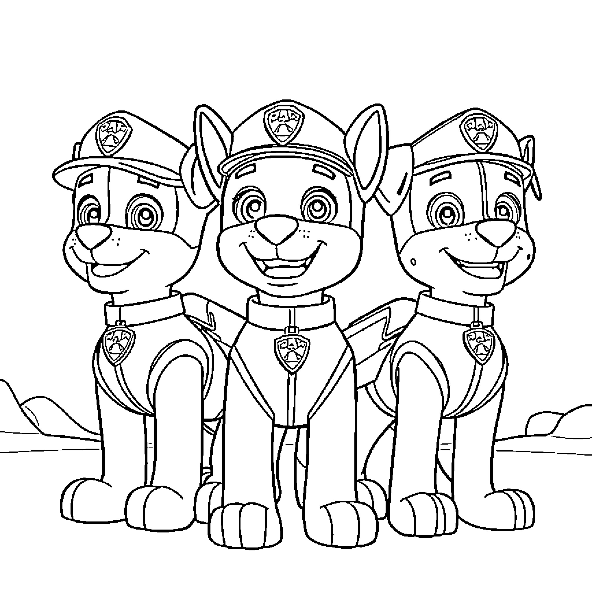 Paw Patrol Puppy Team in Uniform and Gear Coloring Page (free black-and-white line drawing printable PDF for all, from beginners to advanced learners, including children, teens, adults, and seniors)