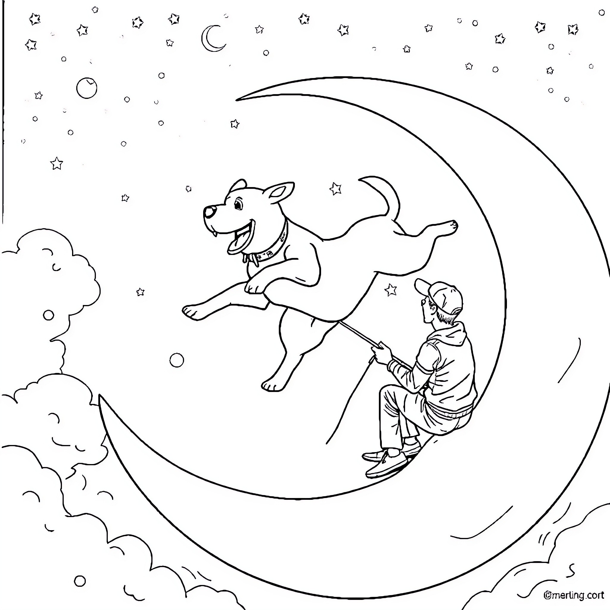 Dog playing with child under the moon Coloring Page (free black-and-white line drawing printable PDF for all, from beginners to advanced learners, including children, teens, adults, and seniors)