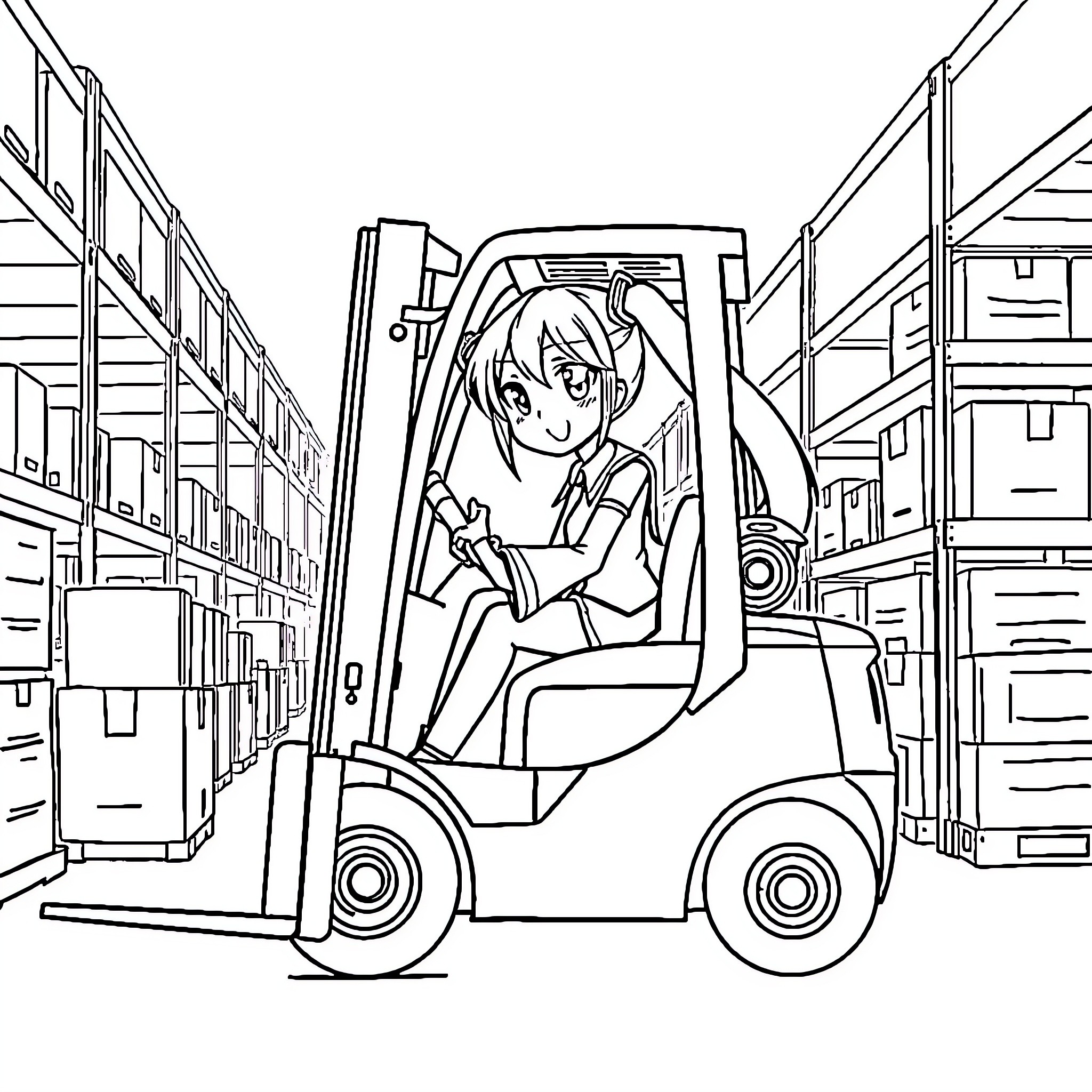 Hatsune Miku Driving a Forklift in a Warehouse Coloring Page (free black-and-white line drawing printable PDF for all, from beginners to advanced learners, including children, teens, adults, and seniors)