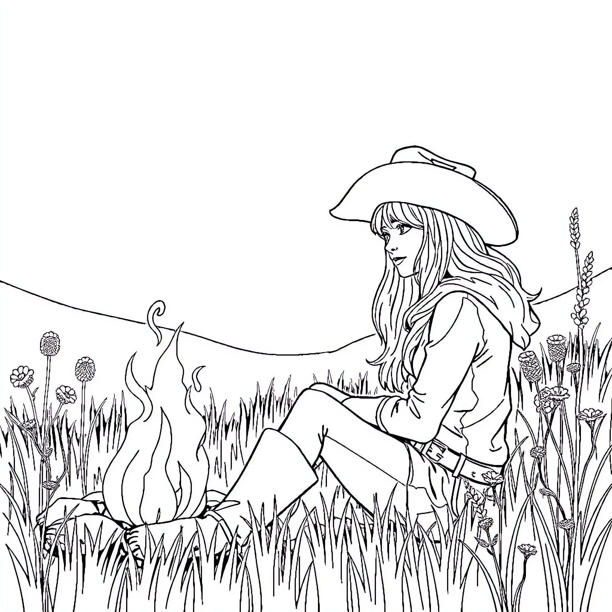 Cowgirl Exploring the Countryside Coloring Page (free black-and-white line drawing printable PDF for all, from beginners to advanced learners, including children, teens, adults, and seniors)