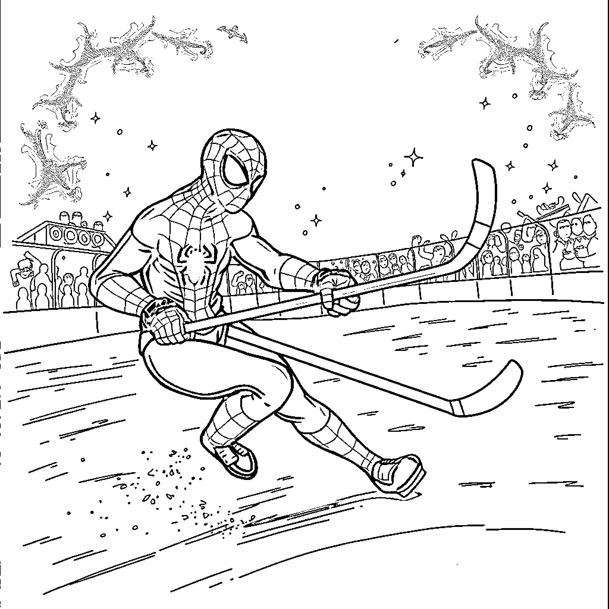 Spider-Man riding a snowmobile on winter adventure Coloring Page (free black-and-white line drawing printable PDF for all, from beginners to advanced learners, including children, teens, adults, and seniors)