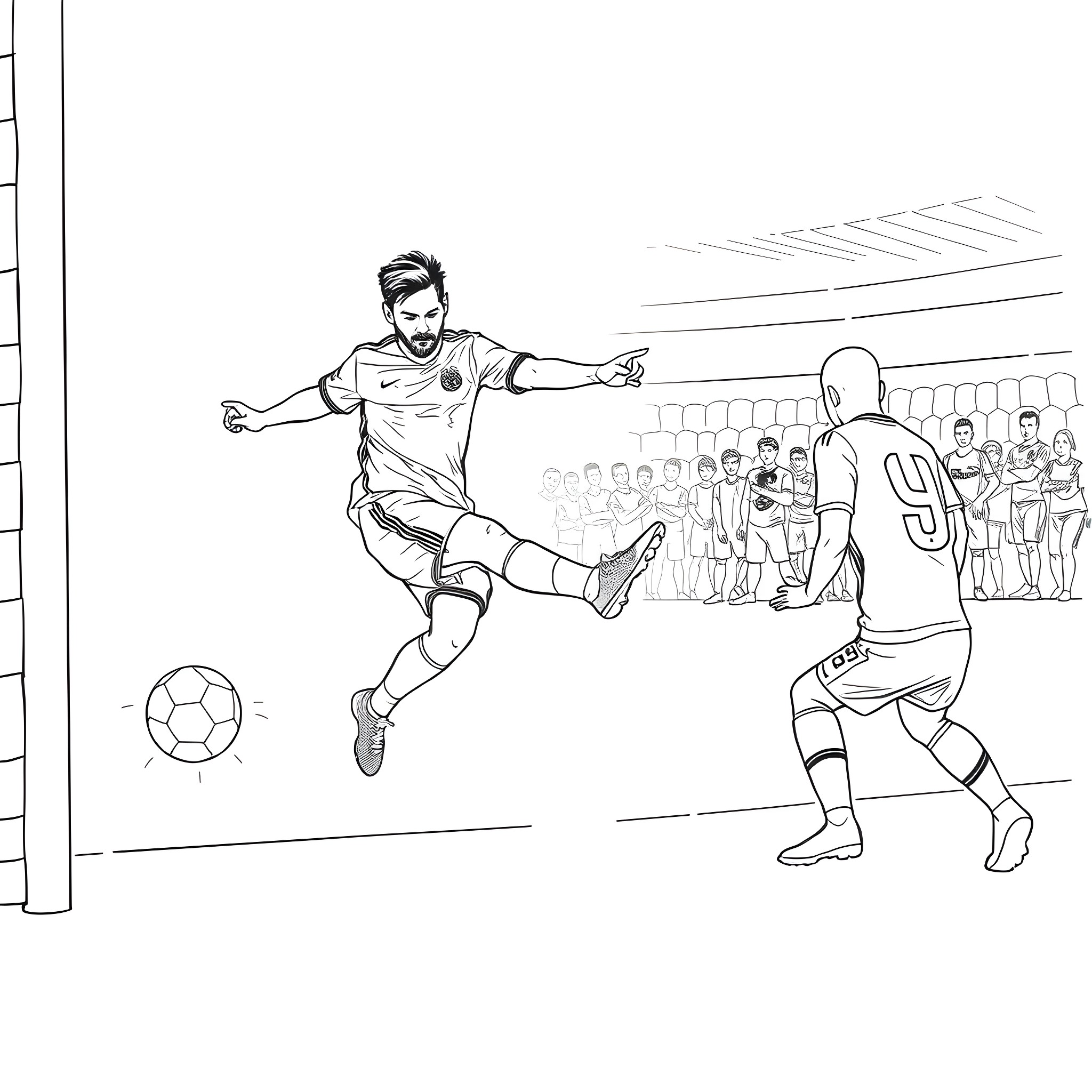 Messi in action during a soccer match Coloring Page (free black-and-white line drawing printable PDF for all, from beginners to advanced learners, including children, teens, adults, and seniors)