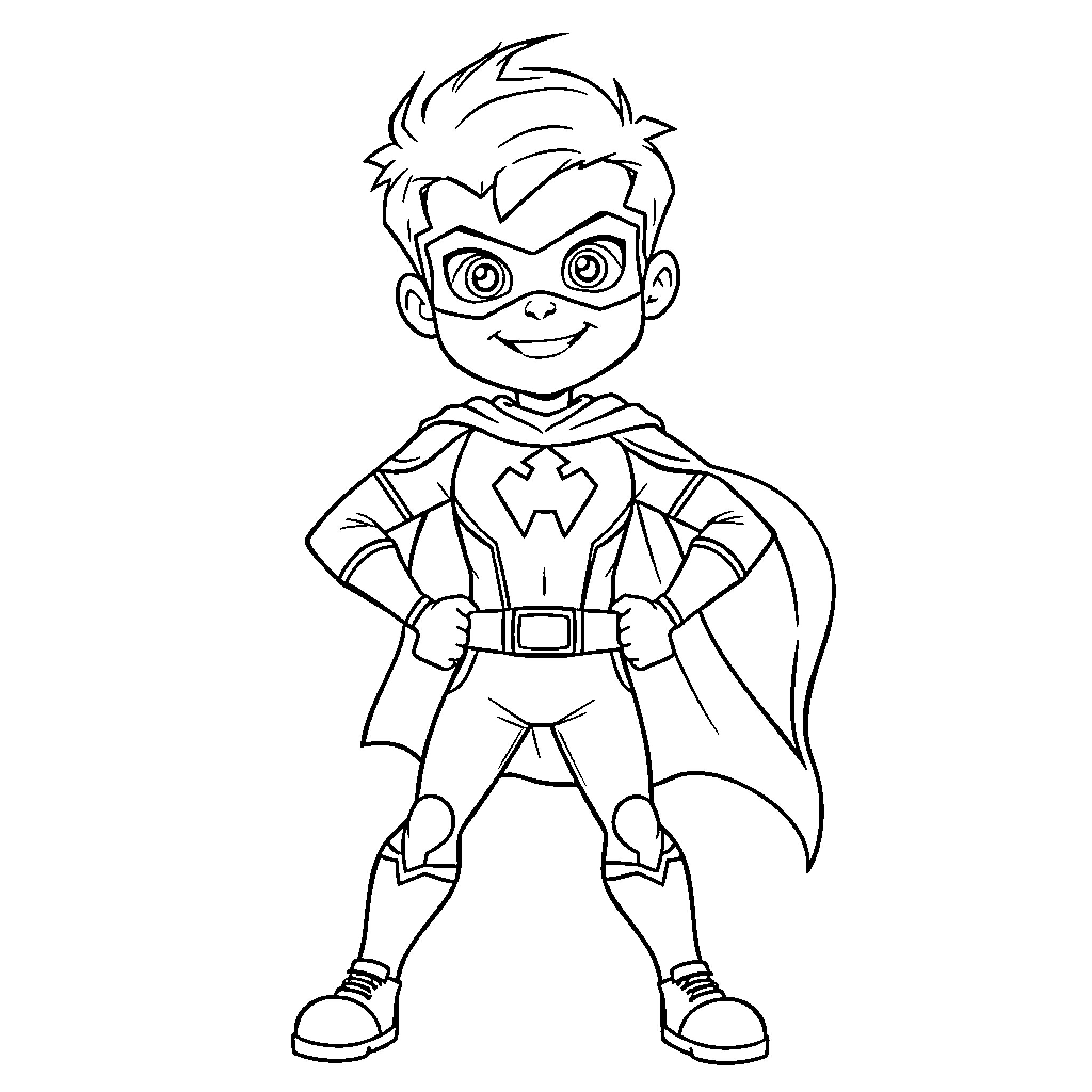 Kid Danger in Superhero Costume Striking Confident Pose Coloring Page (free black-and-white line drawing printable PDF for all, from beginners to advanced learners, including children, teens, adults, and seniors)