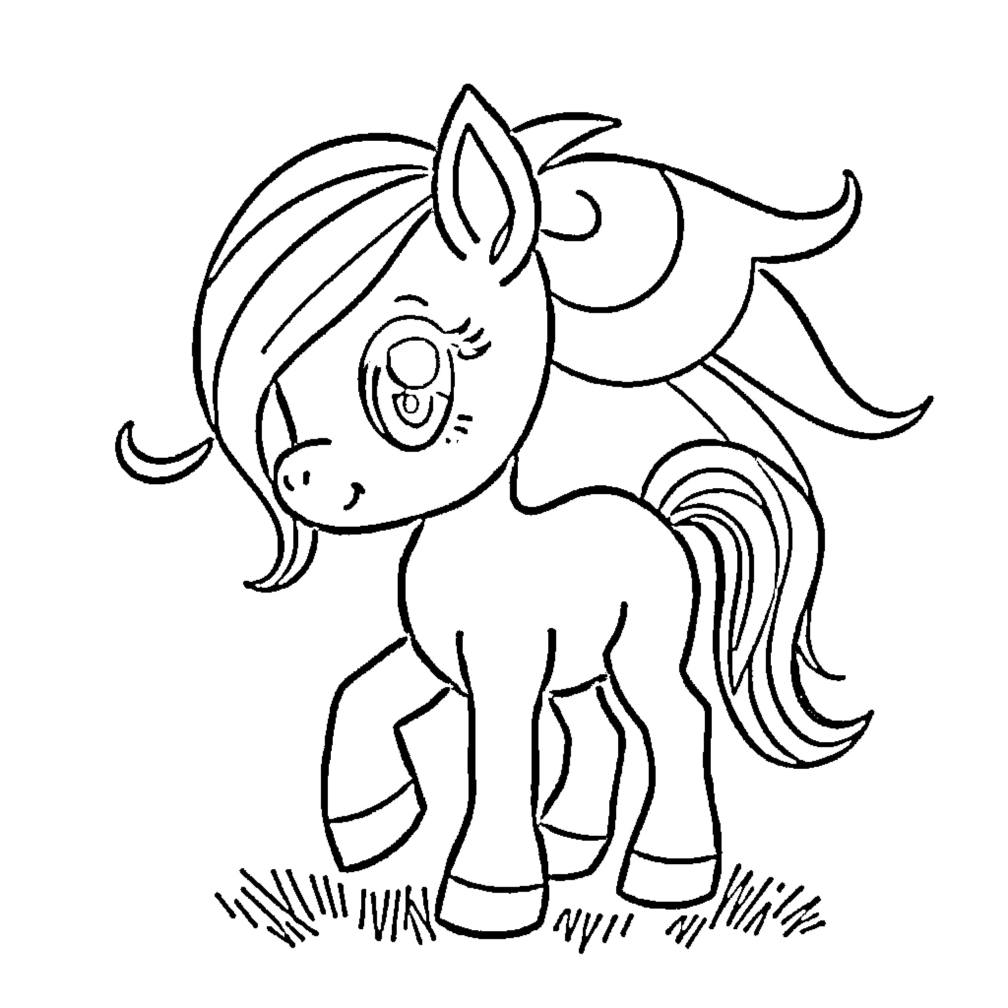 Pony with playful expression in the meadow Coloring Page (free black-and-white line drawing printable PDF for all, from beginners to advanced learners, including children, teens, adults, and seniors)